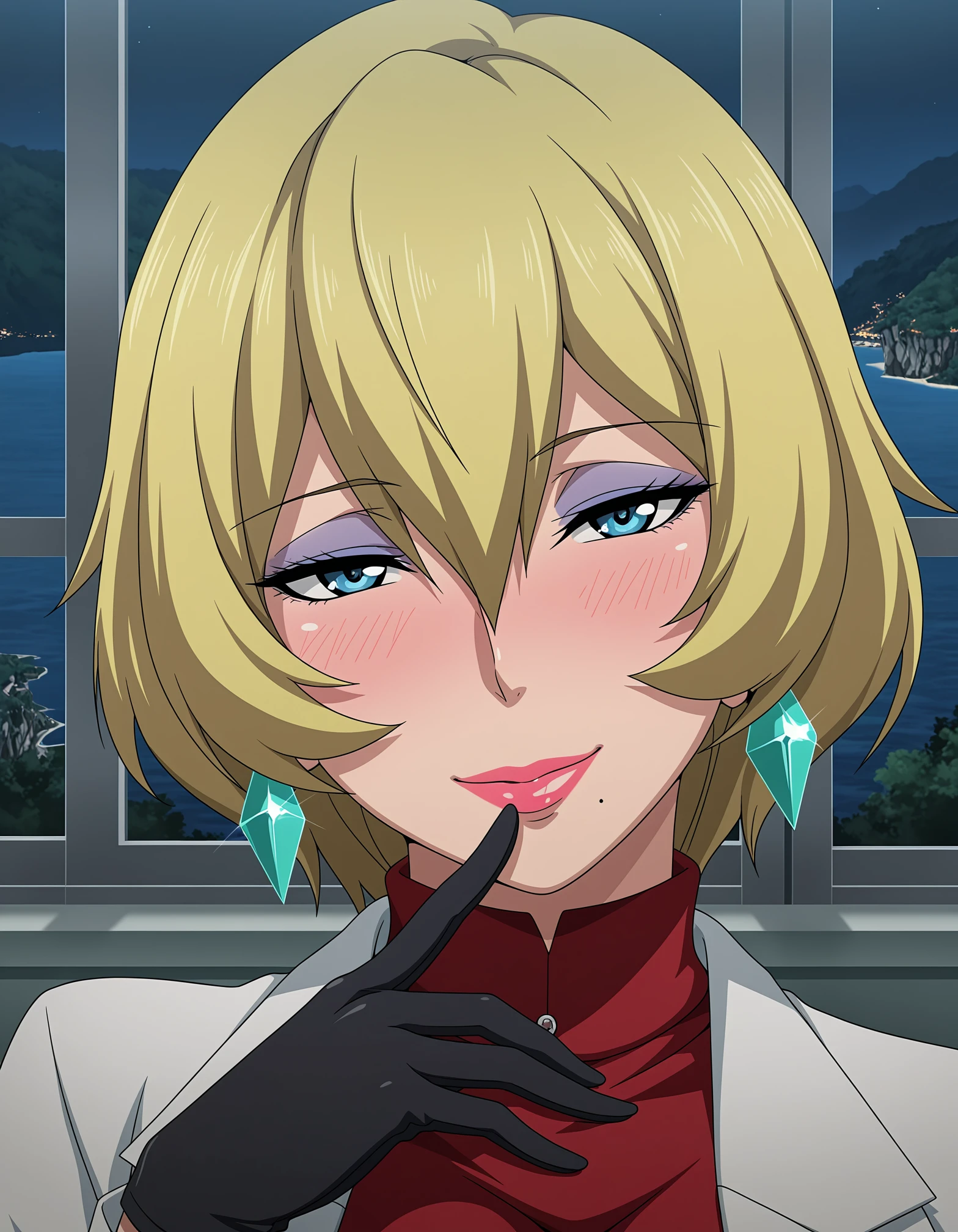 masterpiece, good quality, best quality, absurdres, highres, very awa, shiny skin, shadow, anime coloring, 5 fingers,
Ichijou Shizuka, portrait, finger to mouth,
1girl, mature female,
looking at viewer, blush, light smile, naughty face, head tilt,
blonde hair, short hair, blue eyes, makeup, lipstick, lips, mole under mouth, earrings,
lab coat, open coat, red dress, black gloves, turtleneck,
indoors, lab, room, window, night, island, nature,
<lora:ichijou shizuka NoobAIXL V-pred:1>