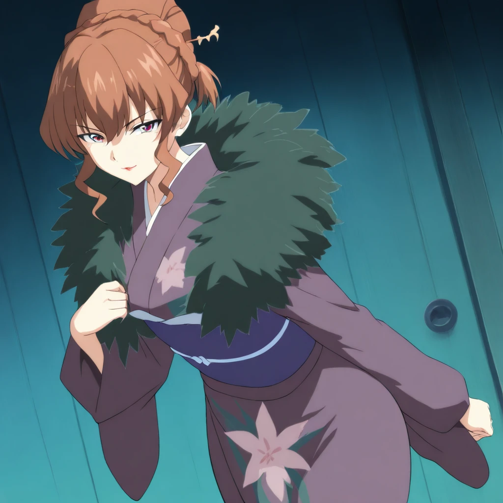 masterpiece,high score,great score,absurdres,anime coloring,looking at viewer,solo,cowboy shot,<lora:RanIchihashi ag4o:1> ranichihashi, brown hair, hair bun, red eyes, lipstick,kimono,