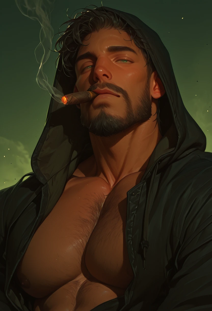 d_bara, masterpiece, best quality, absurdres, newest, perfect quality, best quality, intricate details, detailed face, 1boy, manly, solo, male focus, pectorals, wide cheekbones, muscular, facial hair, large pectorals, bara, muscular male, nipples, short hair, upper body, hood, green eyes, open clothes, hood up, beard, bare pectorals, closed mouth, jacket, mature male, chest hair, green background, open jacket, chest hair, cigar, smoke, biceps, huge muscles, BREAK, realistic, amazing aesthetic, depth of field, perfect composition, particles, detailed textures, dutch angle, dark theme, dark palette, outdoors, seductive pose,
<lora:Dark_Bara-10:1.3>