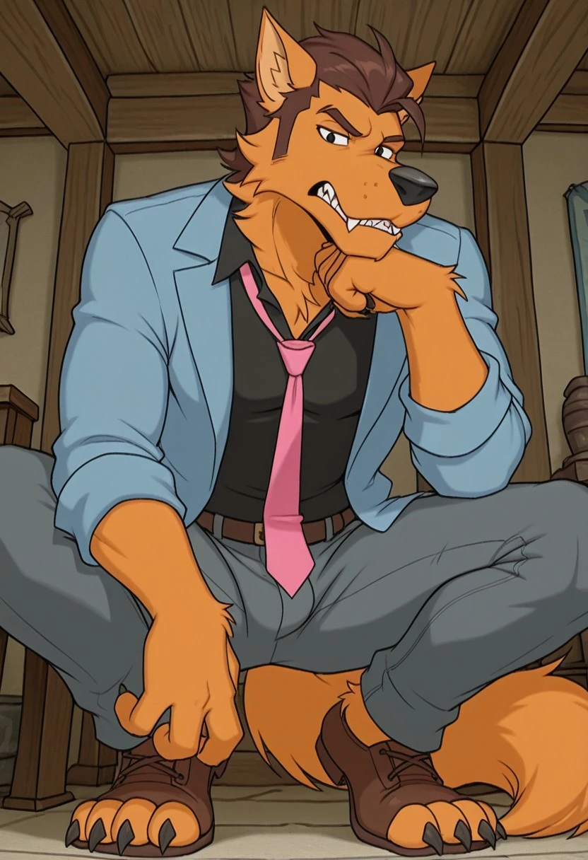 3d,masterpiece,best quality,highres,absurdres,newest,year 2024,aesthetic,very aesthetic, ultra-high resolution,32K UHD, 1boi, solo, Cartoon Wolf, Long Snout, Orange fur, animal ears, brown hair, slicked back hair, whiskers, shaggy fur, tail, paws, black nose, black eyes, sharp teeth, blue jacket, black shirt, gray pants, pink tie, brown shoes, slicked back hair, wolf, sideburns, open toes, clawed feet