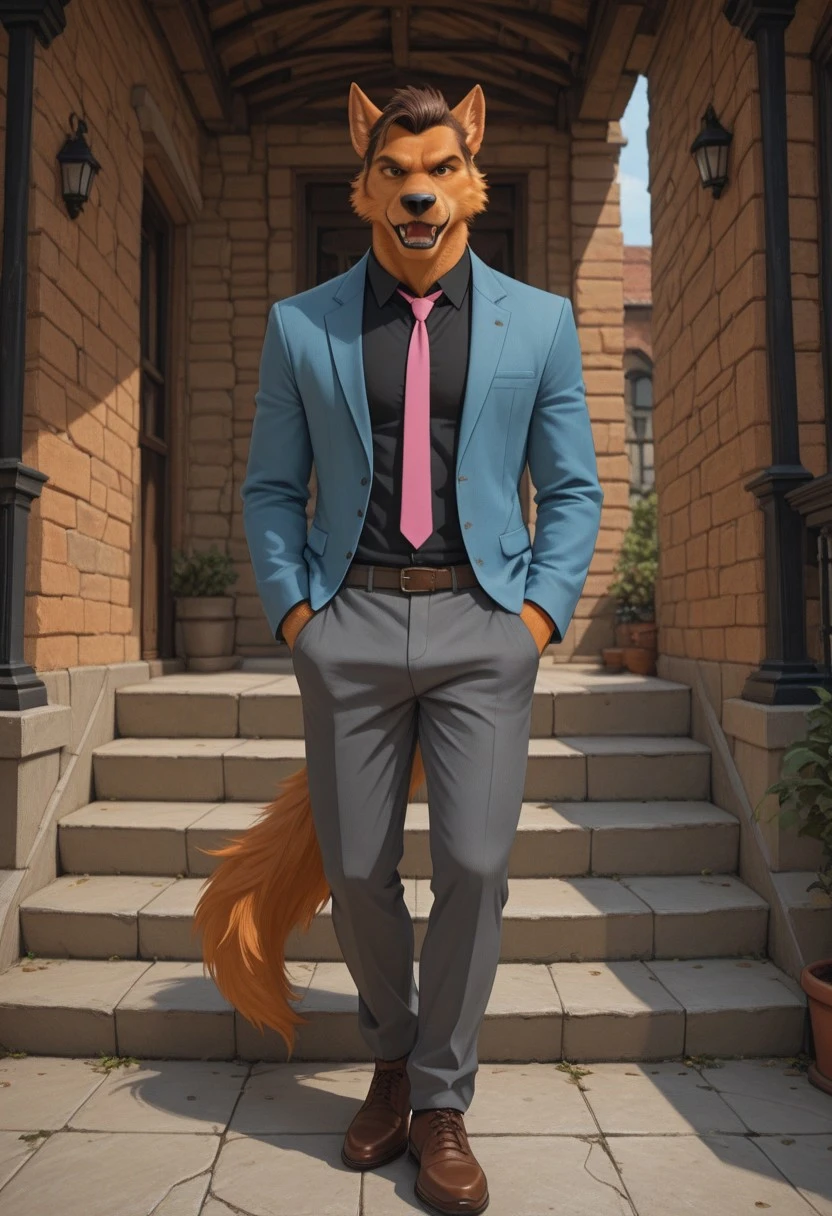 3d,masterpiece,best quality,highres,absurdres,newest,year 2024,aesthetic,very aesthetic, ultra-high resolution,32K UHD, 1boi, solo, Cartoon Wolf, Long Snout, Orange fur, animal ears, brown hair, slicked back hair, whiskers, shaggy fur, tail, paws, black nose, black eyes, sharp teeth, blue jacket, black shirt, gray pants, pink tie, brown shoes, slicked back hair, wolf, sideburns,