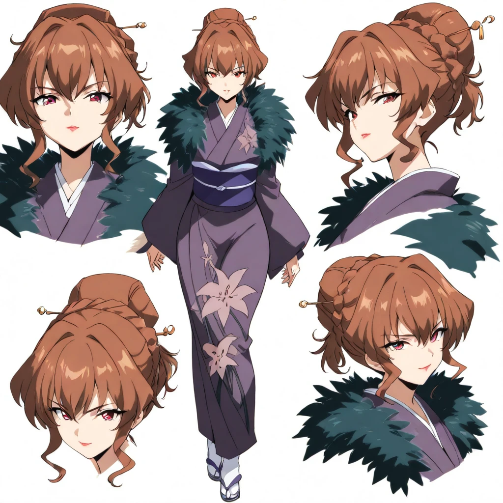 masterpiece,high score,great score,absurdres,anime coloring,looking at viewer,solo,<lora:character_Sheet_XL:1> character sheet, multiple views, white background,<lora:RanIchihashi ag4o:1> ranichihashi, brown hair, hair bun, red eyes, lipstick,kimono,tabi,