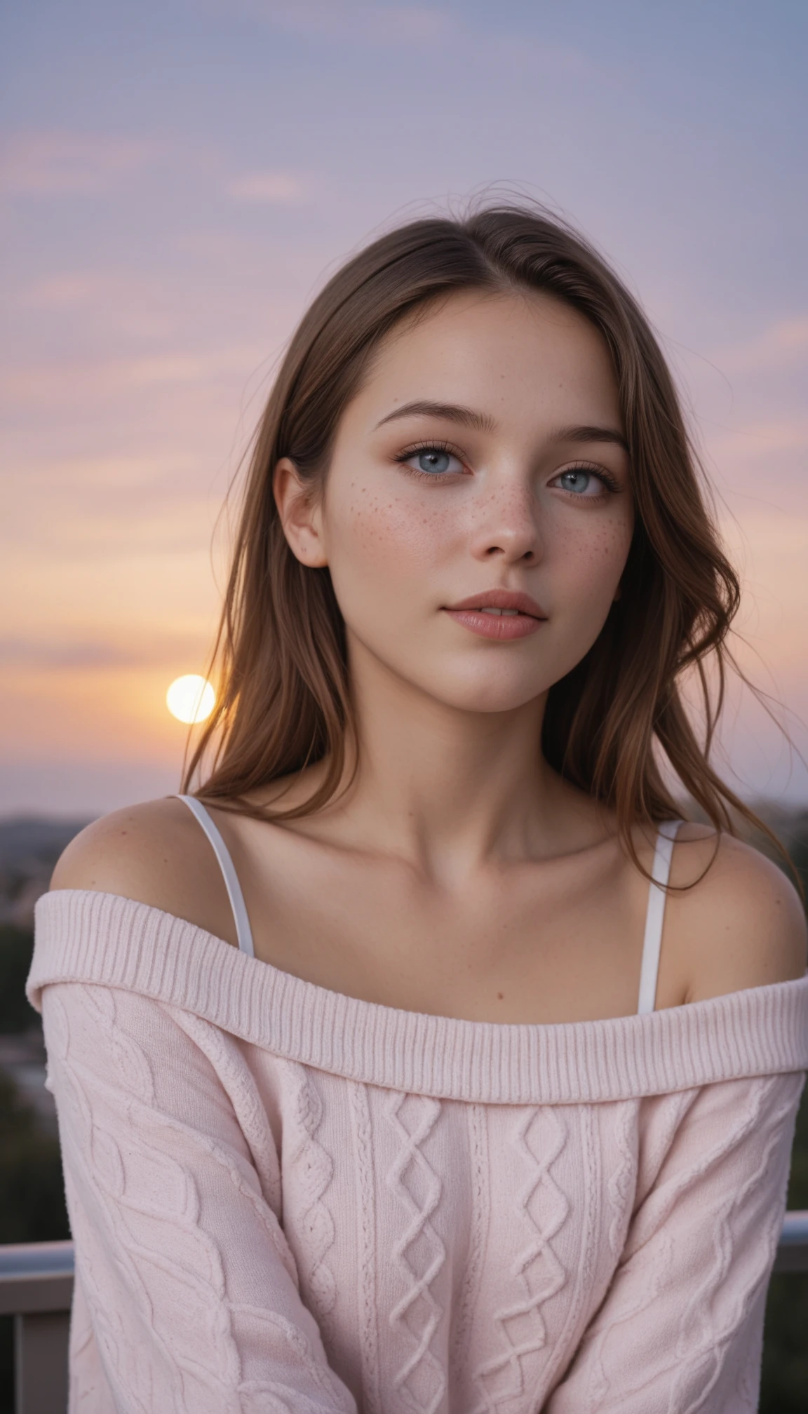 masterpiece, best quality, amazing quality, 4k, very aesthetic, high resolution, ultra-detailed, absurdres, scenery, realistic, photo, 1girl, mysterious girl with freckles, an exotic girl in off-shoulder sweater, fading backlit background, pastel colors, alluring goddess, amazing depth, double exposure, surreal, geometric patterns, intricately detailed, bokeh, perfect balanced, deep fine borders, artistic photorealism, smooth, BREAK, depth of field, photorealistic details