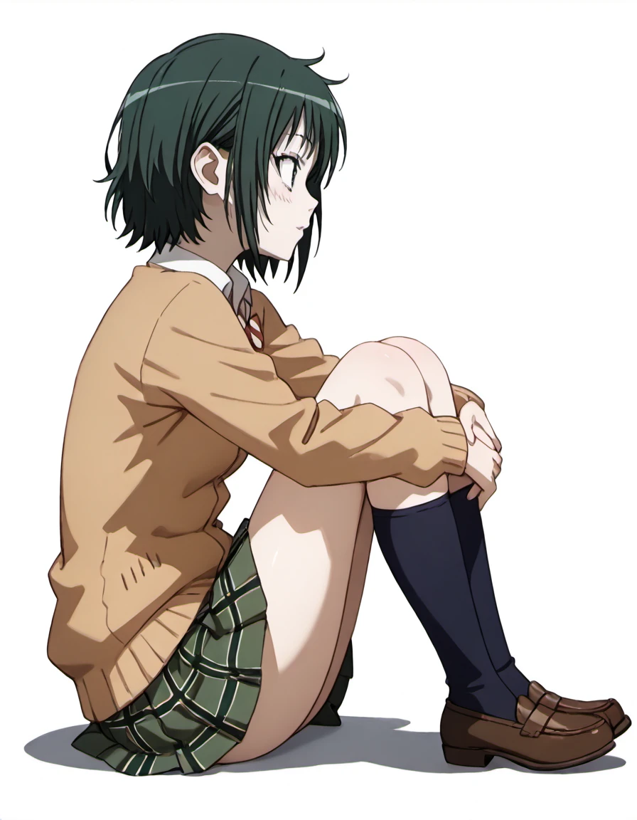 1girl, solo, single, only_one, masterpiece, best quality, absurdres, <lora:fukasaku_aoi_IL:1>, aoi_(coppelion), from side, side view, profile, single_profile, solo, 1girl, single, only_one, one_person, short hair, green hair, school uniform, cardigan, plaid skirt, green skirt, pleated skirt, kneehighs, loafers, on a plain white background, studio background, simple_background, full body, looking_at_viewer, centered composition, symmetry, sitting,
