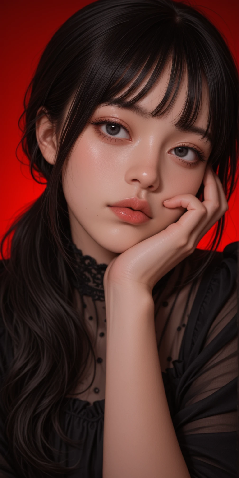 masterpiece, best quality, amazing quality, 4k, very aesthetic, high resolution, ultra-detailed, absurdres, scenery, realistic, photo, 1girl, solo, cute, beautiful, emaciated, generous, arrogant, black hair, long hair, wavy hair, long sidelocks, low ponytail, loosely tucked bangs, facing to the side, looking at viewer, black eyes, very big eyes, aegyo sal, puckered lips, closed mouth, black dress, head tilt, hands framing on cheeks, fingers, portrait, dark theme, (simple red backgrounds with backlight:1.1), studio light, backlight, BREAK, depth of field, photorealistic details