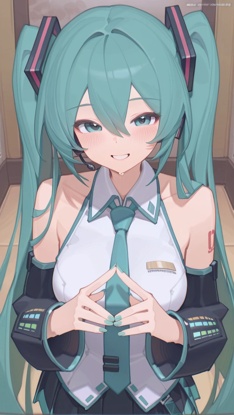 (masterpiece),best quality,amazing quality,very aesthetic,absurdres,newest,perfect body,shiny skin,perfect eyes,detail1eye,well-defined fingers,well-defined fingernails,anime style,indoors,1girl,solo,upper body,(portrait:1.5),looking at viewer,facing viewer,smile,blush,Bilibili Xiaolu style,hatsune miku,absurdly long hair,aqua hair,twintails,hair ornament,sidelocks,hair between eyes,parted bangs,aqua eyes,white shirt,collared shirt,bare shoulders,sleeveless shirt,aqua necktie,detached sleeves,black sleeves,shoulder tattoo,fringe,miniskirt,pleated skirt,<lora:Hatsune Miku(voc)-Illus-Remake:1.6>,<lora:Bilibili Xiaolu[style]-Illus:2>,