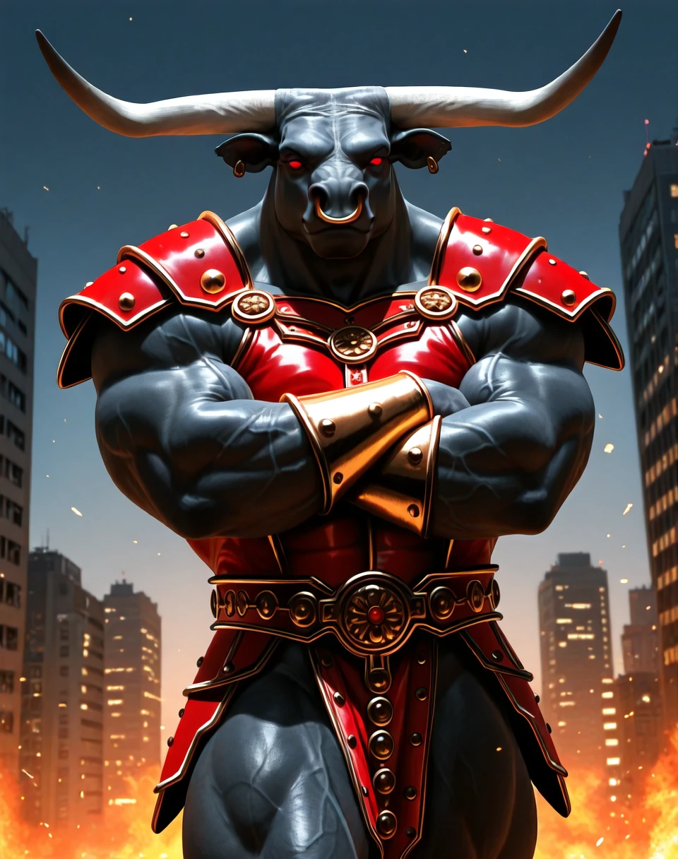BREAK: very awe, aesthetically pleasing, masterpiece, best quality, absurd details, in'ei, source_furry, furry_art, high contrast, natural shading, 
<lora:Minotaur_DCUO_(Marvel_Comics)_(Illustrious)_(AD):1> Minotaur DCUO, muscular, minotaur, 
exterior, simple anime background, city, Metropolis from DC Comics, battle scene, ground level, 
BREAK:
dutch angle, solo, ((dynamic action, dynamic expression, ):1.15), cowboy shot, bent leg,  ((  arms crossed,  ):1.25),
((
overwhelmingly powerful, indomitable, no humans, male focus, intricately detailed armor, solid red eyes, smirk,  ((    )),
powerful sexy male physique, veiny muscles, large shoulders, large biceps, large thighs, manly, bara, 
)),
BREAK: lazypos (4),