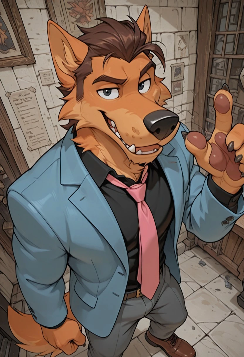 3d,masterpiece,best quality,highres,absurdres,newest,year 2024,aesthetic,very aesthetic, ultra-high resolution,32K UHD, 1boi, solo, Cartoon Wolf, Long Snout, Orange fur, animal ears, brown hair, slicked back hair, whiskers, shaggy fur, tail, paws, black nose, black eyes, sharp teeth, blue jacket, black shirt, gray pants, pink tie, brown shoes, slicked back hair, wolf, sideburns,