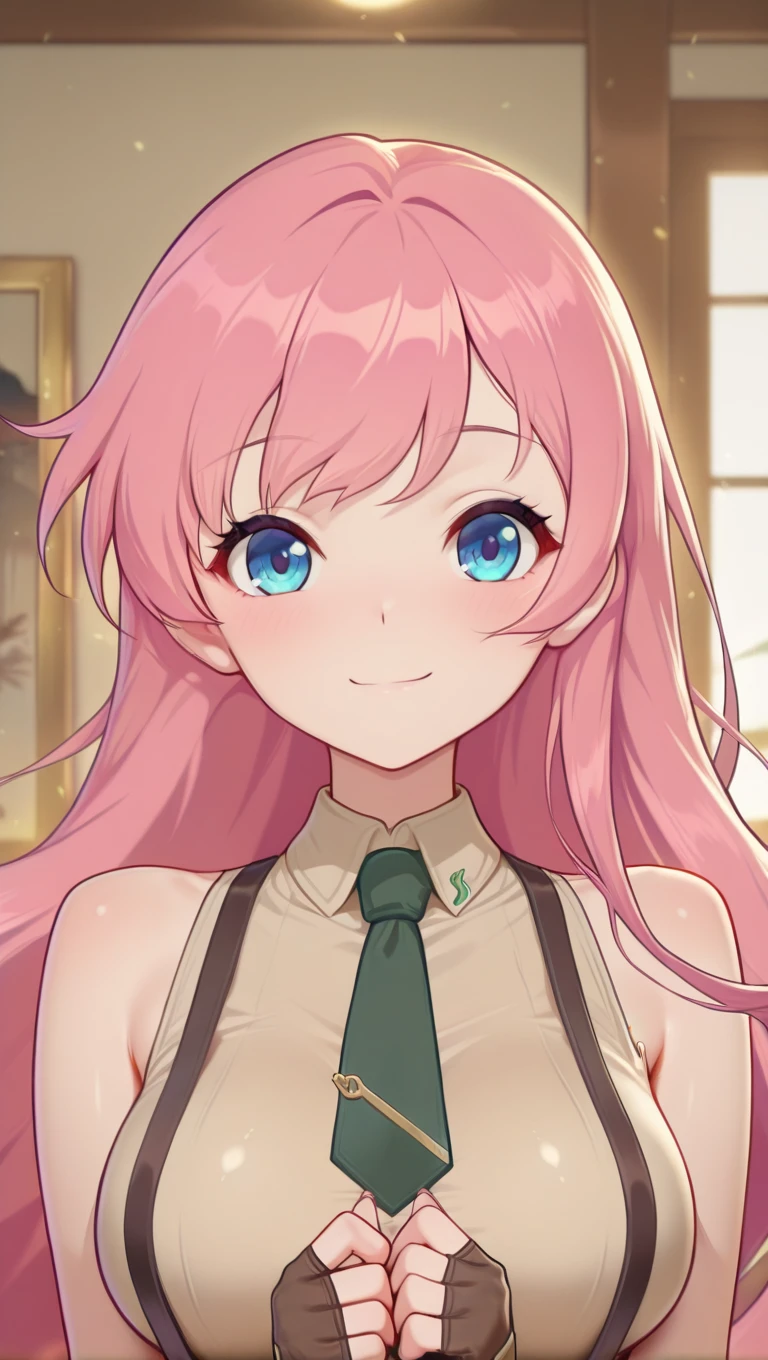 (masterpiece),best quality,amazing quality,very aesthetic,absurdres,newest,perfect body,shiny skin,perfect eyes,detail1eye,well-defined fingers,well-defined fingernails,anime style,indoors,1girl,solo,upper body,(portrait:1.5),looking at viewer,facing viewer,smile,blush,Yun Kaiming style,Novice female,Novice female uniform,very long hair,pink hair,floating hair,bangs,blue eyes,collared shirt,sleeveless shirt,beige shirt,large breasts,dark green necktie,bare arms,fingerless gloves,suspenders,<lora:TNT-Novice female(tnt)-Illus:1.6>,<lora:Yun Kaiming[style]-Illus:2>,