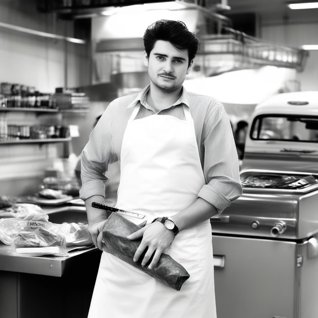 pants, pubic hair, food, monochrome, wristwatch, apron, ground vehicle, photo background, bottomless, pen