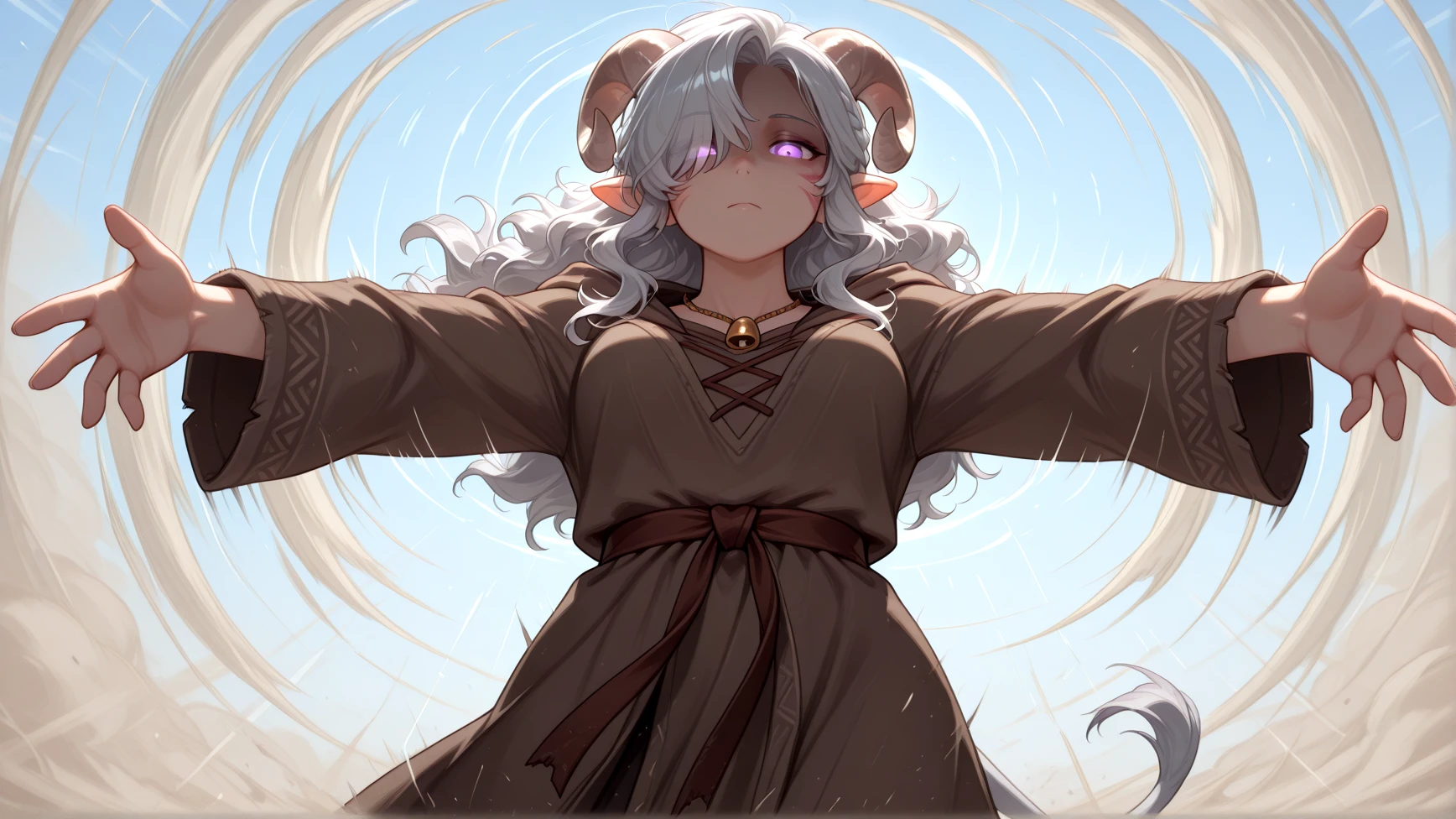 solo, anime effect, shaded face:1.4, looking at viewer, detailed face, shaded face, spread arms, sonic boom, emotionless, looking at viewer,
masterpiece, best quality, tiefling, pointy ears, tiefling, silver hair, ivory sheep horn,
<lora:Tiefling_bard_Diana_v2:0.8> red whisker_markings, silver long wavy hair, bell necklace, short pointy ears, purple eyes, tiefling_bard_diana:1.2, hair over one eye, braid, cow tail:1.4,
<lora:Shockwave:1> Shockwave in front, dust, impact, motion lines, backlighting, blue sky:1.5, glowing eyes,