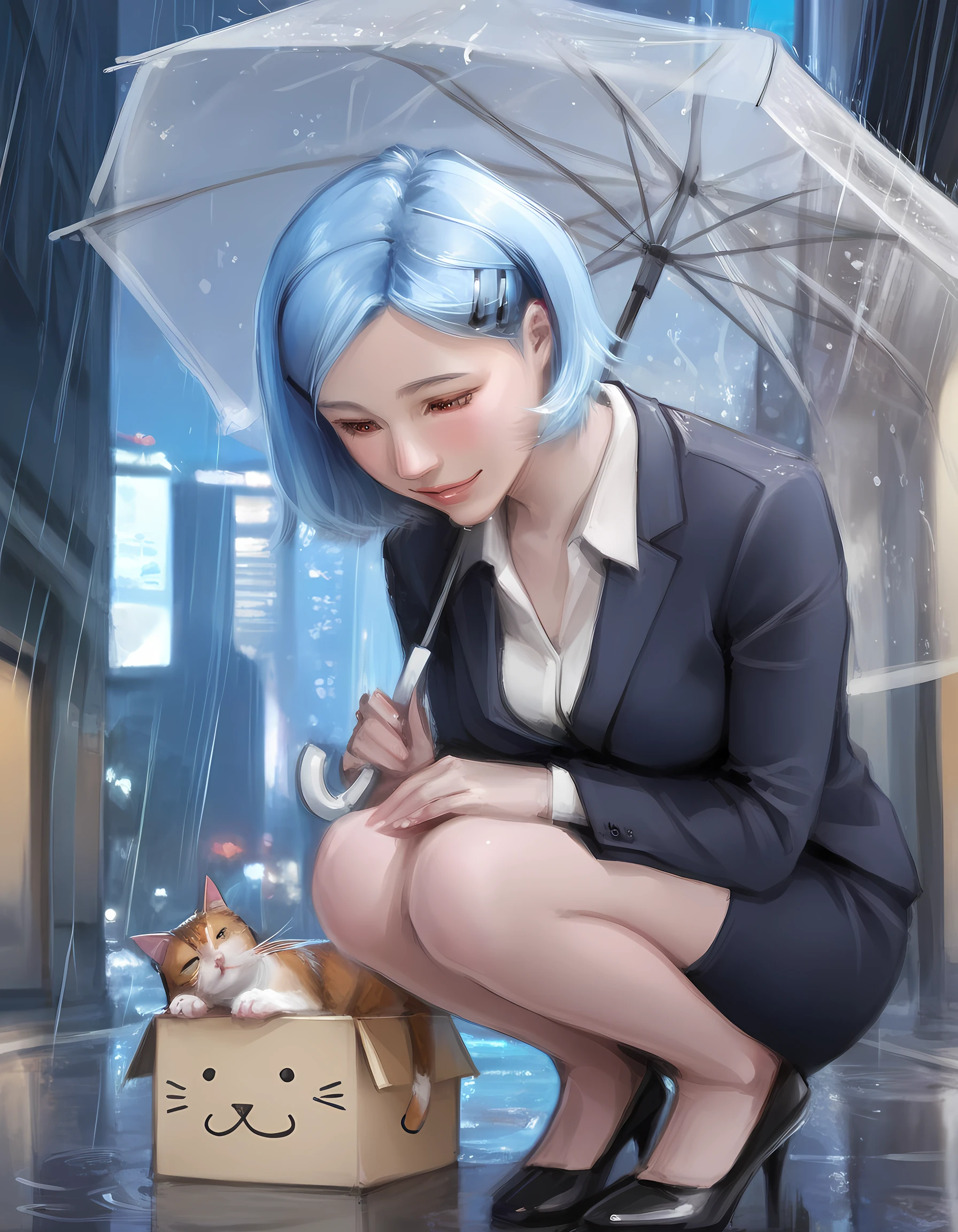 <lora:Utility_-_Detail_Enhancer_by_BSS_v2:0.75>, <lora:Utility_-_Visual_Enhancer_by_BSS:0.75>, 1girl, office lady, formal clothes, squatting, under an umbrella, transparent umbrella, holding umbrella, looking at (((cat in box))), rain, smile looking down, night, cityscape , (masterpiece, best quality, ultra-detailed, absurdres, newest, detailed textures, correct anatomy:1), <lora:Like_Draws.Seal_Style:1.2>, tr1g3r_w0rd, (oil painting, paintly, realistic, sketch, unfinished, brushstrokes:1.3), rei ayanami \(neon genesis evangelion\), red eyes, bright blue hair, short hair, hairclip, medium breasts, <lora:Utility_-_Race_and_Ethnicity_Helper_ILXL_v3.3:0.5>, asian_japanese