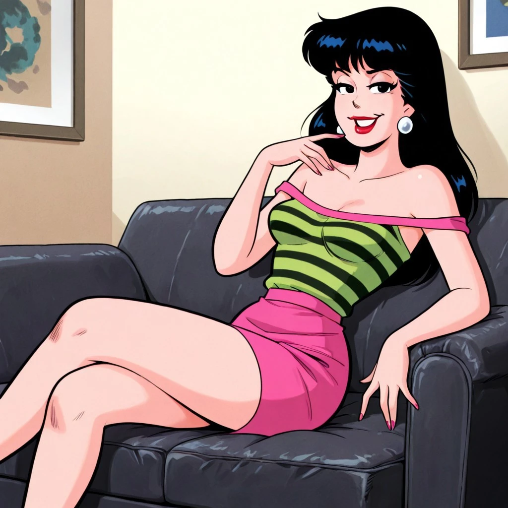 retro artstyle, 1980s (style), perfect anatomy, perfect eyes, 1girl, solo, black hair, long hair, black eyes, medium breasts, lipstick, red lips, makeup, jewelry, earrings, skirt, pink skirt, striped, striped shirt, bare shoulders, naughty eyes, smug, ((looking at viewer)), teasing viewer, seducing viewer, showing off hips, legs crossed, relaxing on couch, luxurious apartment, indoors