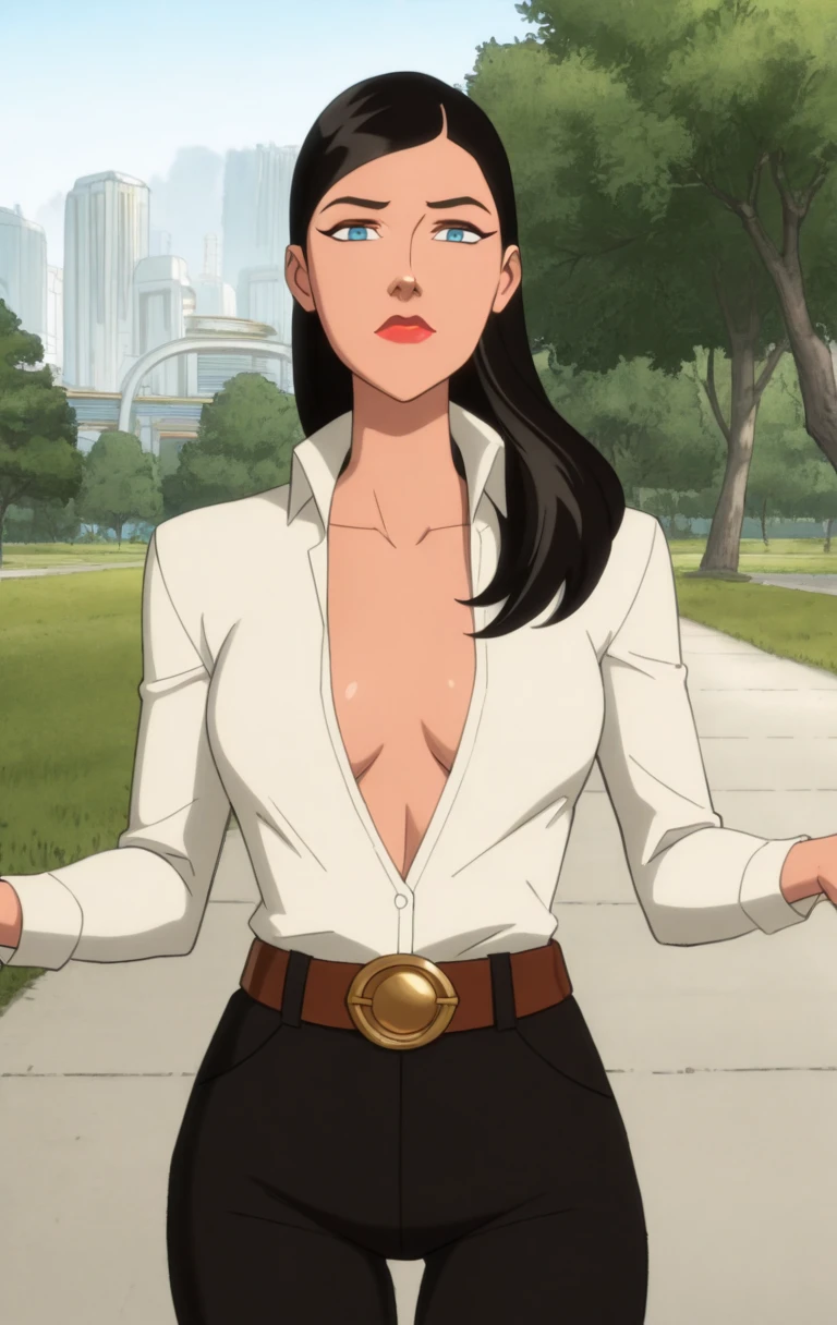 "0" :"masterpiece, best quality, highres,1girl, long hair, looking at viewer, blue eyes, shirt, black hair, long sleeves, open clothes, belt, open shirt, red lips, belt buckle,l01sl4n3,((Al3xr0ss, shinny skin, outdoor,cowboy shot))",