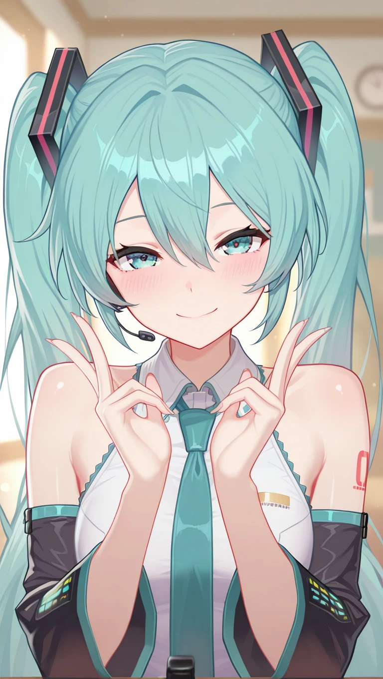 (masterpiece),best quality,amazing quality,very aesthetic,absurdres,newest,perfect body,shiny skin,perfect eyes,detail1eye,well-defined fingers,well-defined fingernails,anime style,indoors,1girl,solo,upper body,(portrait:1.5),looking at viewer,facing viewer,smile,blush,Yun Kaiming style,hatsune miku,absurdly long hair,aqua hair,twintails,hair ornament,sidelocks,hair between eyes,parted bangs,aqua eyes,white shirt,collared shirt,bare shoulders,sleeveless shirt,aqua necktie,detached sleeves,black sleeves,shoulder tattoo,fringe,miniskirt,pleated skirt,<lora:Hatsune Miku(voc)-Illus-Remake:1.6>,<lora:Yun Kaiming[style]-Illus:2>,
