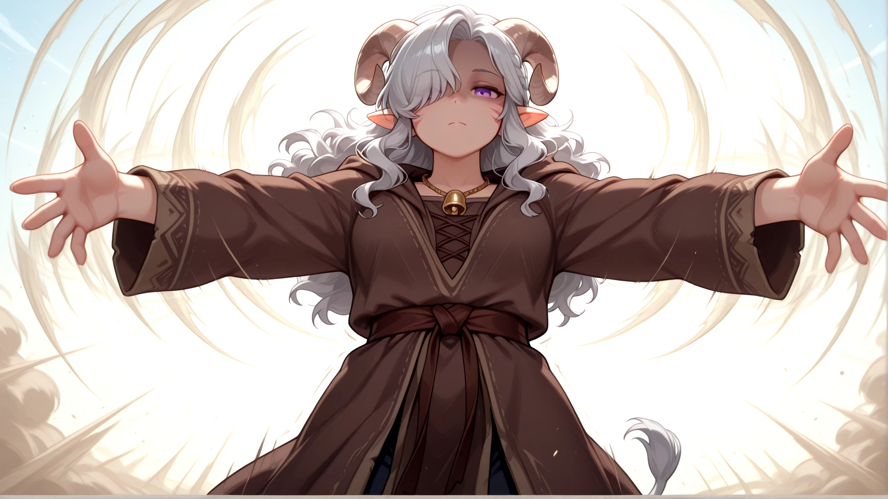 solo, anime effect, shaded face:1.4, looking at viewer, detailed face, shaded face, spread arms, sonic boom, emotionless,
masterpiece, best quality, tiefling, pointy ears, tiefling, silver hair, ivory sheep horn,
<lora:Tiefling_bard_Diana_v2:0.8> red whisker_markings, silver long wavy hair, bell necklace, short pointy ears, purple eyes, tiefling_bard_diana:1.2, hair over one eye, braid, cow tail:1.4,
<lora:Shockwave:1> Shockwave in front, dust, impact, motion lines, backlighting, sky,