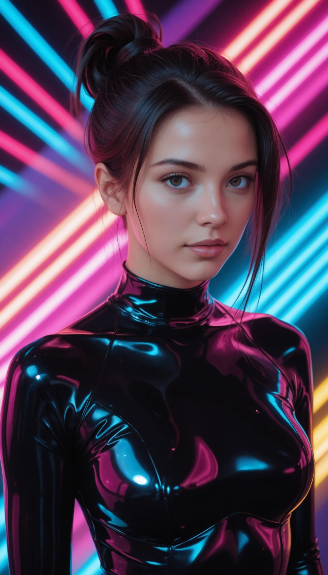 masterpiece, best quality, amazing quality, 4k, very aesthetic, high resolution, ultra-detailed, absurdres, scenery, realistic, photo, dramatic shadows, cinematic lighting, a cute woman, folded ponytail, looking at viewer, (shiny latex black bodysuit:1.2), sharp focus, neon colors, backlit, rim light, (synthwave, mind bending:1.2), neon beam, (chaos neon background, abstract background:1.2), inter dimensional, upper body, portrait, dutch angle, BREAK, slow shutter speed, motion blur, depth of field, photorealistic details