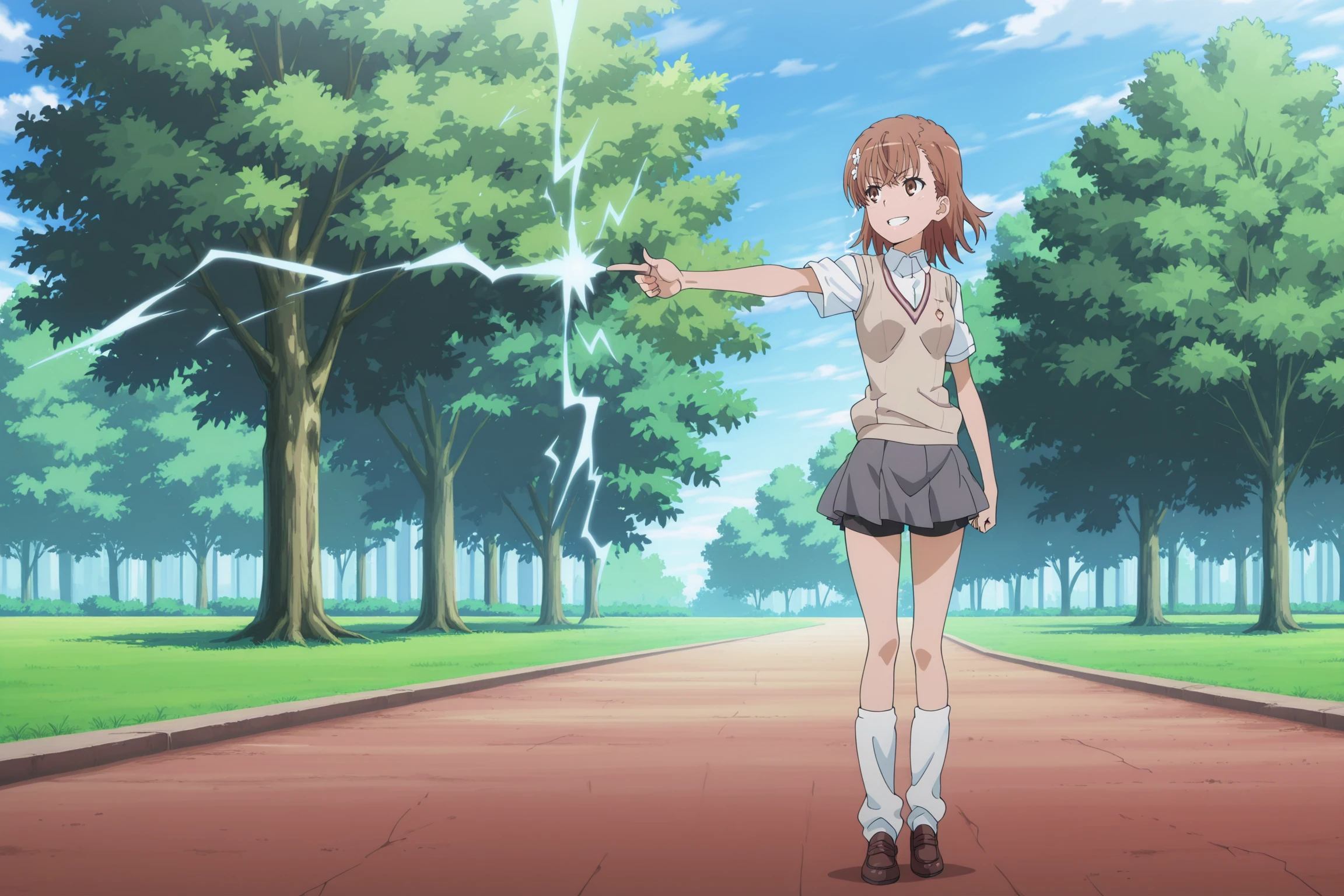 anime screencap, anime coloring, detailed face, masterpiece, best quality, absurdres, official style, official art,
outdoors, trees, blue sky,
 <lora:Mikoto_Misaka_A_Certain_Magical_IndexA_Certain_Scientific_Railgun:1>
M1k0t0M1s&k&, 1girl, solo, scool uniform, tokiwadai school uniform, brown hair, brown eyes, electricity, skirt, electrokinesis, shorts, sweater vest, hair ornament, short hair, grey skirt, socks, shorts under skirt, open mouth, loose socks, aiming finger to the right, girl facing to the right, pleated skirt, looking away from viewer, hair flower,  breasts, mature girl, view from the side, standing, grin, full body,