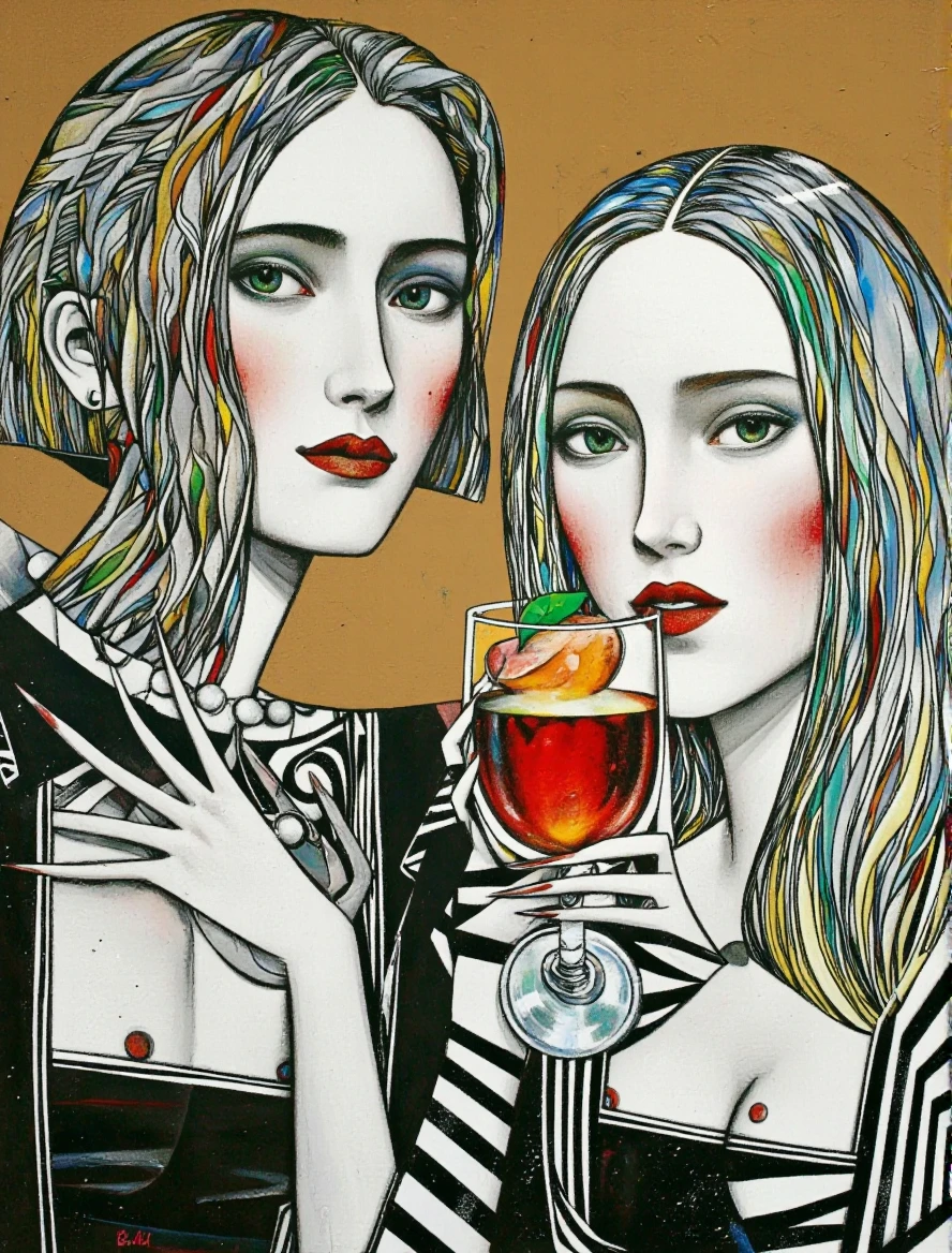 AndProso style. A colorful and surreal illustration featuring two women, one with long, wavy gray hair and the other with green eyes, both wearing black and white striped outfits. the woman on the left, who appears to be in her mid-twenties, has a slim body and is facing the viewer with her eyes looking directly at the viewer. she is wearing a black dress with a white collar and a white pendant around her neck. on the right, she is holding a glass with a red liquid in her mouth, which appears to contain a piece of fruit. her long, gray hair is styled in loose waves and falls down her back. the background is a simple, warm brown color, which contrasts with the vibrant colors of the two women's faces. the illustration is done in a contemporary style with bold lines and bright colors, creating a sense of depth and dimensionality. the artist's signature is visible in the bottom right corner, adding a personal touch to the artwork.