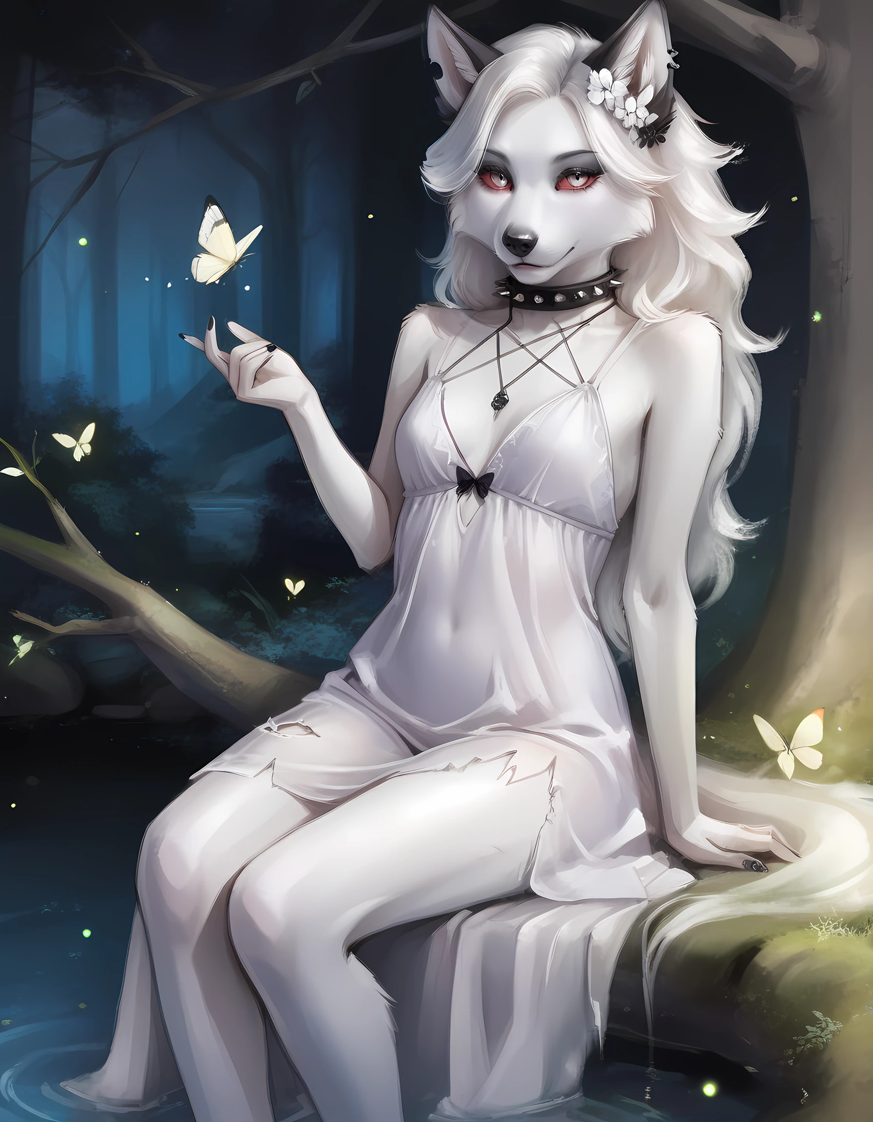 <lora:Utility_-_Detail_Enhancer_by_BSS_v2:0.75>, <lora:Utility_-_Visual_Enhancer_by_BSS:0.75>, 1girl, an enchanting forest nymph, delicate hair flowers, semi-transparent flowing gown that blends with swirling mist around her, sitting gracefully atop a moss-covered ancient stone pedestal in a magical twilight woodland filled with glowing fireflies and softly sparkling streams, natural beauty combined with subtle sensuality, captivating and ethereal atmosphere, branch hair ornament, surrended by butterflies, surrended by fireflies , (masterpiece, best quality, ultra-detailed, absurdres, newest, detailed textures, correct anatomy:1), <lora:Like_Draws.Seal_Style:1>, tr1g3r_w0rd, (oil painting, paintly, realistic, sketch, unfinished, brushstrokes:1.3), <lora:LoonaIllustriousV1:0.7>, LoonaIllustriousV1Hellhound, furry female, white fur, goth girl, colored sclera, red sclera, white eyes, animal ears, spiked collar, animal animal ear piercing, torn ear, small breasts