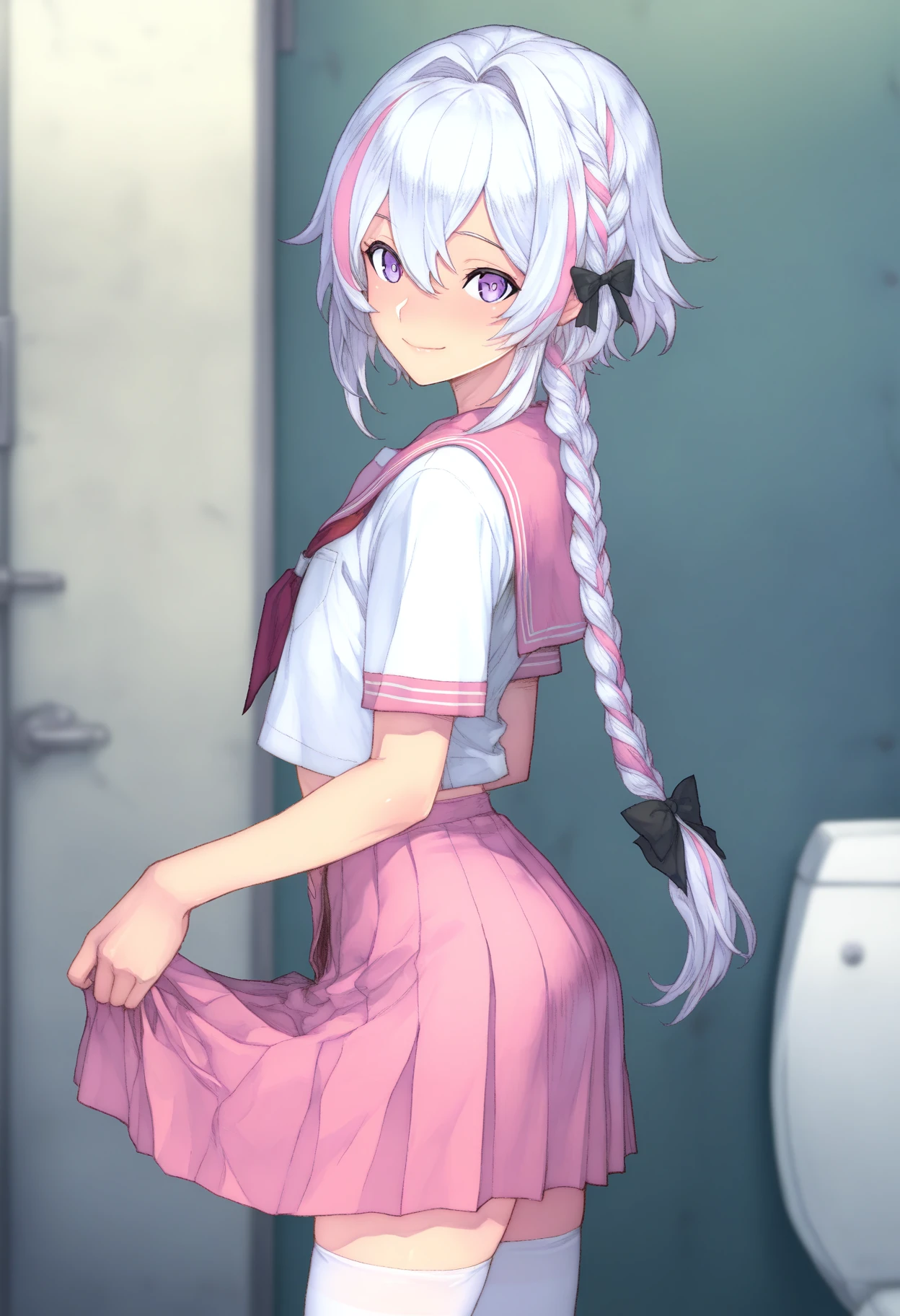 (from side), sideways,  1boy, black bow, blurry, blurry background, bow, braid, clothes lift, crossdressing, crossdressing \(mtf\), hair between eyes, hair bow, hair intakes, indoors, lifting own clothes, long braid, long hair, looking at viewer, male focus, multicolored hair, official alternate costume, pink hair, pink sailor collar, pink skirt, pleated skirt, public restroom, purple eyes, sailor collar, school uniform, serafuku, shirt, single braid, skin, skirt, skirt lift, smile, solo, streaked hair, thighhighs, trap, white hair, white shirt, white thighhighs,
 exosheroes,<lora:exosheroes:1>, masterpiece, best quality, highres, absurdres