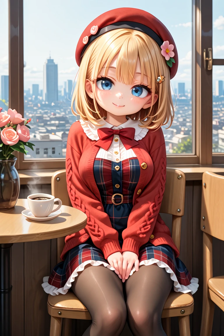 masterpiece, best quality, amazing quality, very aesthetic, absurdres,
cute round face, slender, detailed eyes, detailed hair, kawaii,
1girl, solo,
vintage-inspired beret with flower pin, navy and red plaid dress, golden buttons down the front, ivory blouse with ruffle detailing and red bow tie,
peach cardigan with cable knit pattern, black tights, red Mary Jane shoes,
smile, seductive cute pose, cowboy shot,
sitting on chair, indoors, coffee shop, window, cityscape, cup, table,
medium breasts,
blonde medium hair, blue eyes