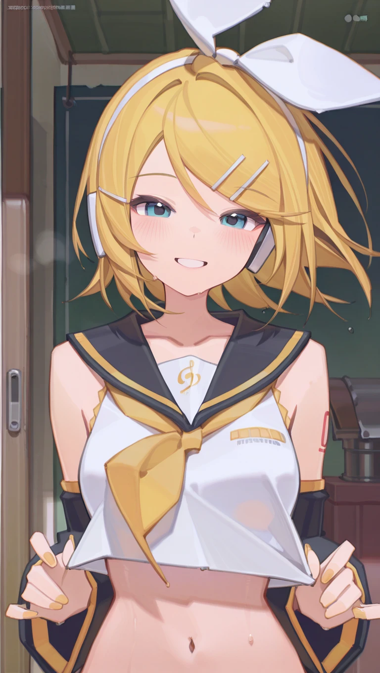 (masterpiece),best quality,amazing quality,very aesthetic,absurdres,newest,perfect body,shiny skin,perfect eyes,detail1eye,well-defined fingers,well-defined fingernails,anime style,indoors,1girl,solo,upper body,(portrait:1.5),looking at viewer,facing viewer,smile,blush,Bilibili Xiaolu style,kagamine rin,short hair,blonde hair,floating hair,white hairband,hair bow,white bow,hairclip,swept bangs,blue eyes,collarbone,bare shoulders,black sailor collar,white shirt,sleeveless shirt,crop top,midriff,yellow neckerchief,black sleeves,detached sleeves,medium breasts,navel,stomach,<lora:Kagamine Rin(voc)-Illus-Remake:1.6>,<lora:Bilibili Xiaolu[style]-Illus:2>,