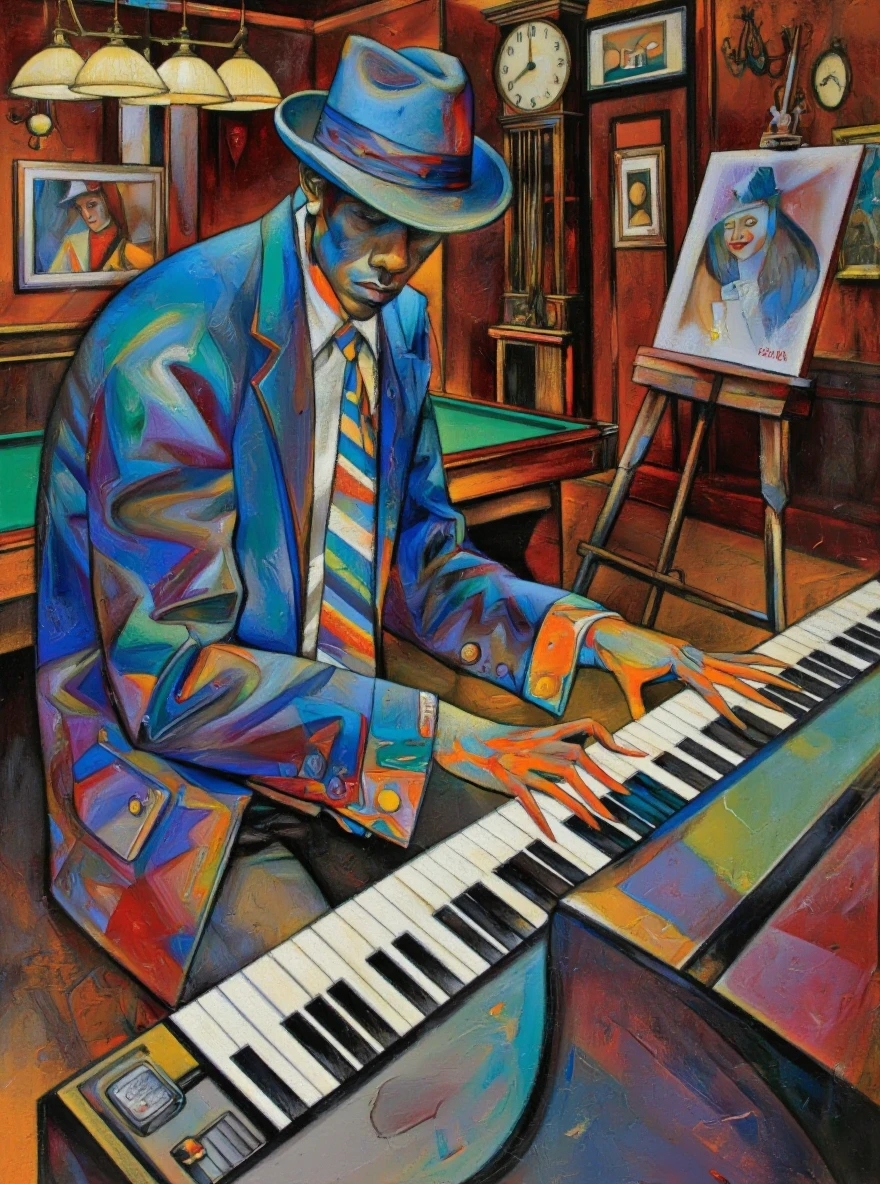 AndProso style. A vibrant and colorful painting of a man playing a piano in a billiards room. the man is positioned at the center of the image, wearing a blue suit and a blue fedora, with his hands resting on the piano keys. he appears to be a young African-American man, with a serious expression on his face, and his eyes are hidden by the blue hat. he is positioned in the middle of the room, surrounded by a cozy, dimly lit room with wooden walls and a pool table in the background. the room is decorated with various artworks, including paintings, a clock, and a painting easel, creating a warm and inviting atmosphere. the painting is done in a realistic style with bold lines and vibrant colors, and the man's hands are painted with a combination of orange and blue hues, giving the impression of movement and energy.