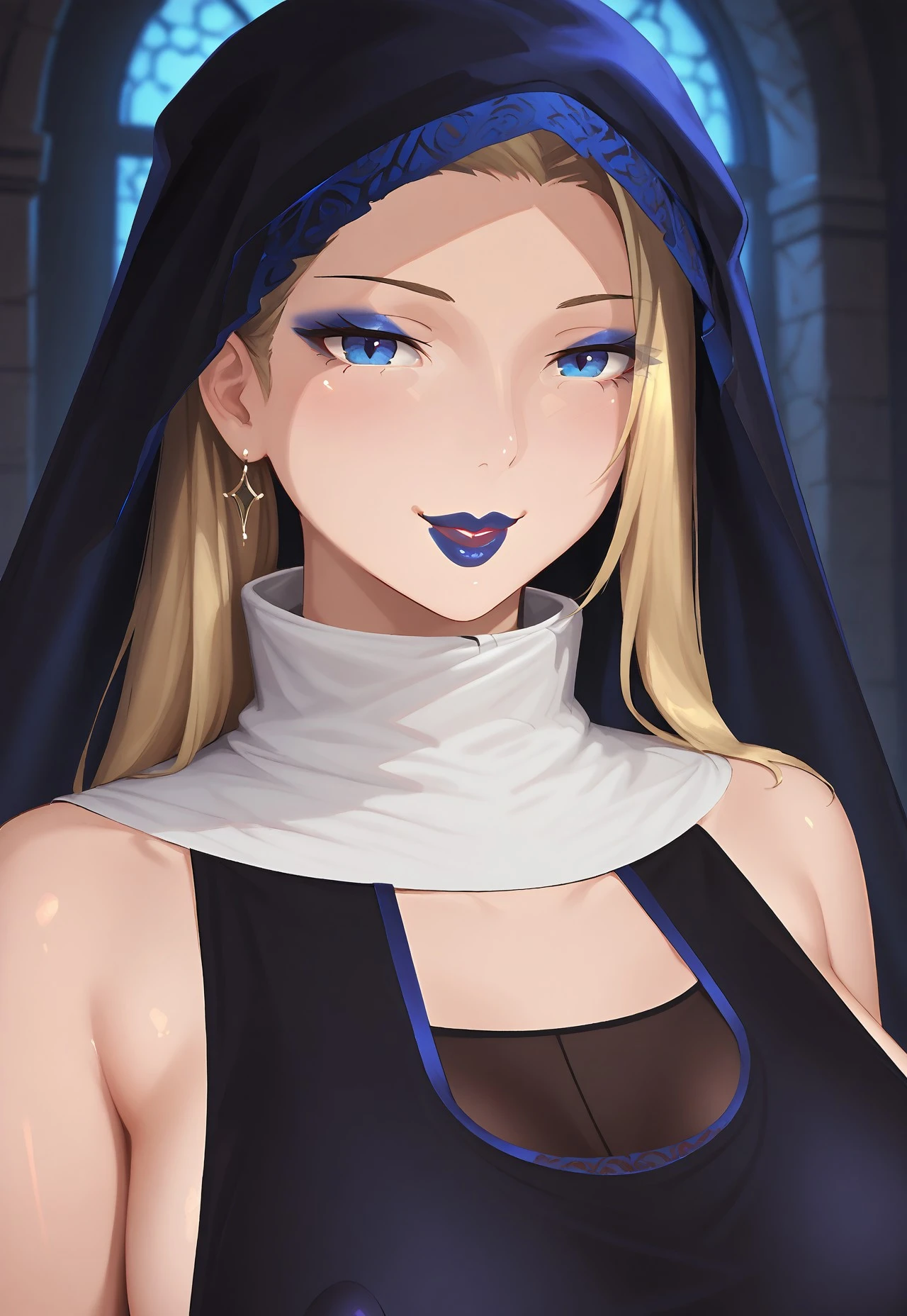 score_9, score_8_up, score_7_up, source_anime, rating_questionable, moody, close-up, blue lighting, dungeon bars in background, ElizaTower, 1girl, blonde hair, long hair, side bangs, blue eyes, blue lipstick, black veil with blue lining, white neck wrap, black gloves, sleeveless black dress, over shoulder glance, intense stare, sexy smirk, hair falling to one side, seductive close-up, partial back shown, high slit visible, dramatic shadows, detailed facial expression
