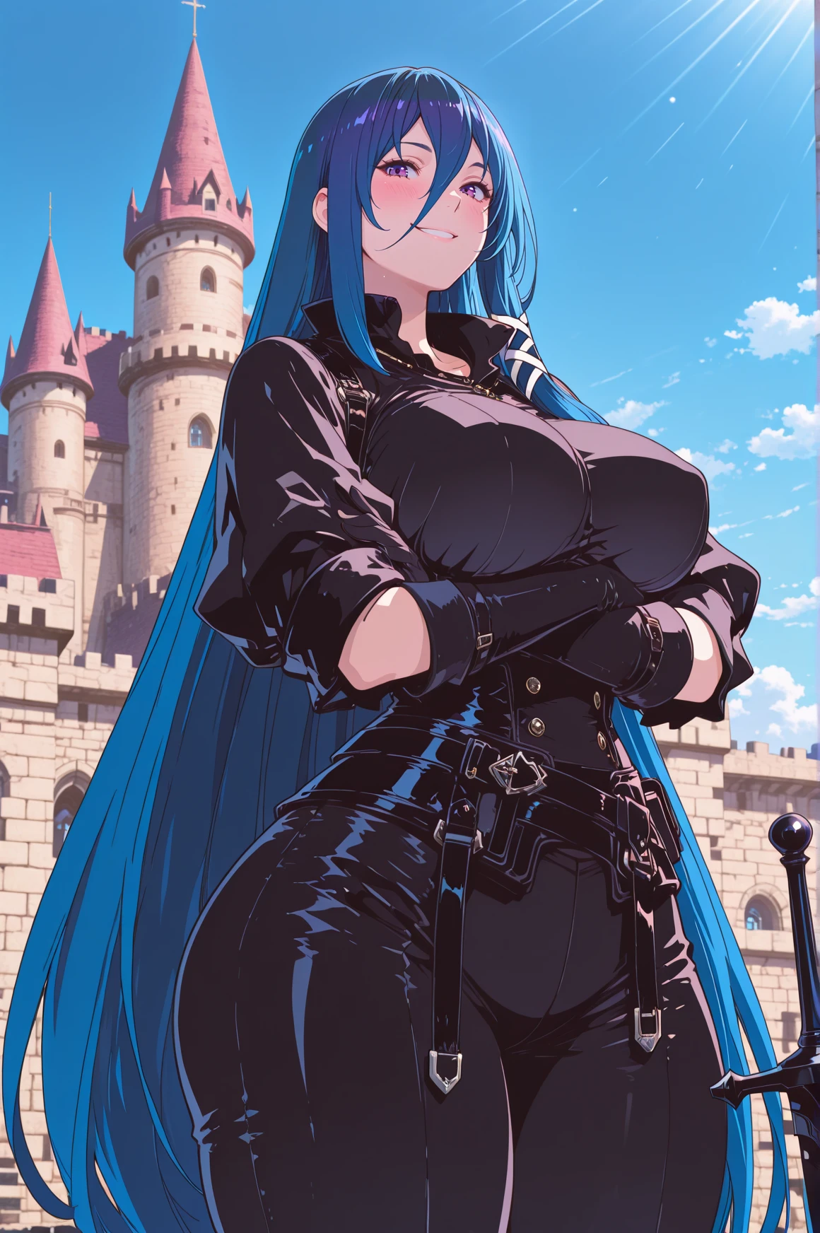 <lora:Niji_oil_animme:1.3>, Niji_oil_anime,masterpiece, ultra-HD, high detail, depth of field, best quality, 8k, best quality, ergonomic, (anime coloring, anime screencap), official art,detailed colored sketch,1girl,solo,(huge perky breasts,wide hips,thick thighs), <lora:Yuika_-_Dungeon_Sherpa_Meikyuu_Michisaki_Annainin_Manga_-_Illustrious:1>,yuika_dungeon_sherpa,dark_blue hair,very long hair,bangs, hair between eyes,long sidelock over right shoulder,purple eyes,black top,black gloves,black pants, long_sword,smiling at viewer,arms crossed, castle in background,blue_sky,sunlight,sunrays,looking at viewer