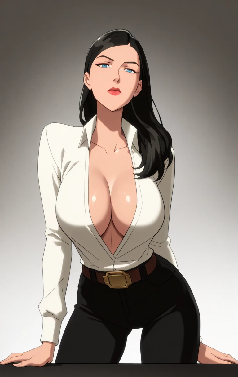 "0" :"masterpiece, best quality, highres,1girl, long hair, looking at viewer, blue eyes, shirt, black hair, long sleeves, open clothes, belt, open shirt, red lips, belt buckle,suit, black pants,l01sl4n3,(( shinny skin, large breast, cowboy shot,on all fours,ass up,torso forward,front view))",
"7" :"masterpiece, best quality, highres,1girl, long hair, looking at viewer, blue eyes, shirt, black hair, long sleeves, open clothes, belt, open shirt, red lips, belt buckle,suit, black pants,l01sl4n3,(( shinny skin, large breast, cowboy shot,kneeling,ass view,ass focus))",
"14" :"masterpiece, best quality, highres,1girl, long hair, looking at viewer, blue eyes, shirt, black hair, long sleeves, open clothes, belt, open shirt, red lips, belt buckle,suit, black pants,l01sl4n3,(( shinny skin, large breast, cowboy shot,on all fours,side view))",
