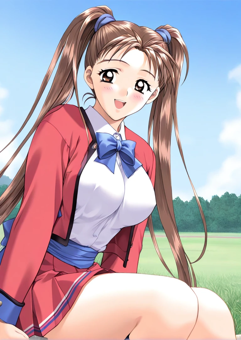masterpiece, best quality, good quality, <lora:Kanou_Ryouko_kakyuusei_Ver2.0_IS:1>
Kanou_Ryouko(kakyuusei), 1girl, solo, very long hair, twintails, brown hair, brown eyes, large breasts,
red jacket, school uniform, red pleated skirt, blue bow,
open jacket, blue sash,
grass, sky, sitting,
open mouth, blush, smile,