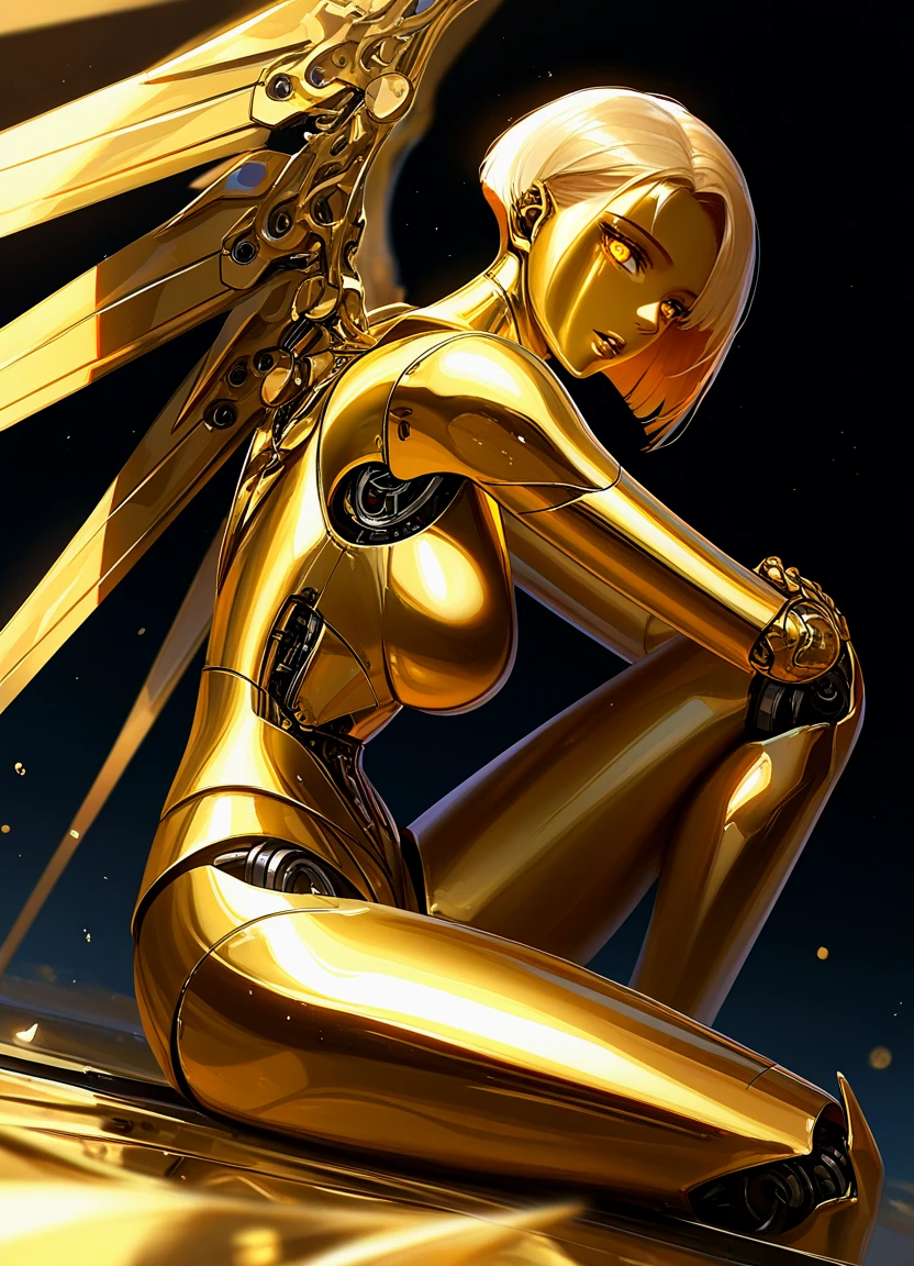 1girl, solo, gold hair, android, joints, robot joints, gold eyes, very short hair, sitting, looking at viewer, wings, mechanical parts, knee up, science fiction, robot girl, black background, glowing, parted lips, mechanical wings, colored skin, from side, gold skin, robot, (gold skin, metallic skin:1.2), gold skin, bob, gold lips,
,masterwork, masterpiece, best quality, detailed, depth of field, high detail, best quality, very aesthetic, 8k, dynamic pose, depth of field, dynamic angle, adult, aged up,impressionism style,(Cinematic:1.5),,dynamic pose,dynamic angle,ILXLpos,