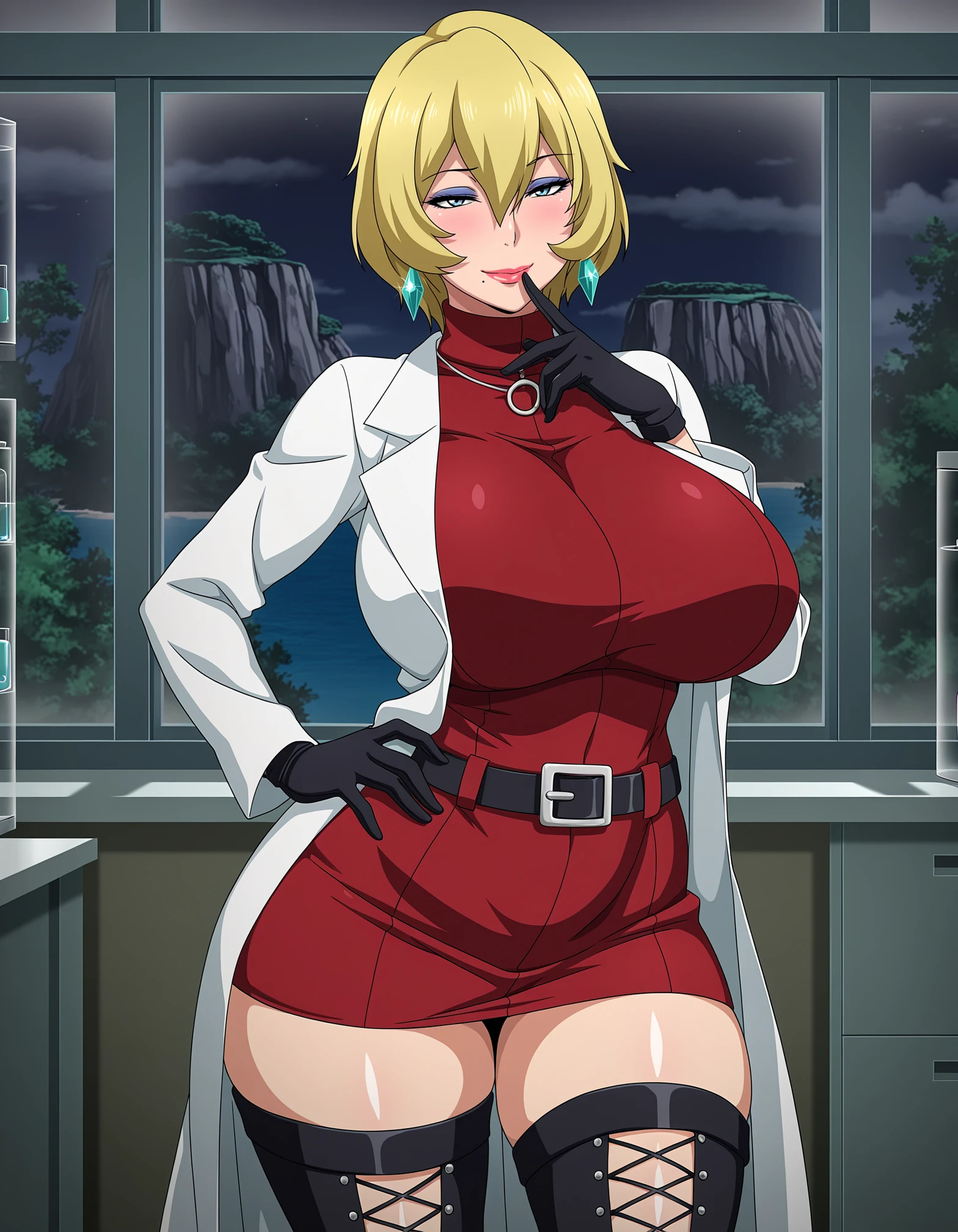 masterpiece, good quality, best quality, absurdres, highres, very awa, shiny skin, shadow, anime coloring, 5 fingers,
Ichijou Shizuka, standing, hand on own hip, cowboy shot, finger to mouth,
1girl, mature female,
looking at viewer, blush, light smile, naughty face,
blonde hair, short hair, blue eyes, makeup, eyeshadow, lipstick, lips, mole under mouth, earrings,
lab coat, open coat, red dress, short dress, black gloves, black thighhighs, cross-laced legwear, turtleneck, belt,
curvy, huge breasts, thick thighs,
indoors, lab, room, window, night, island, nature,
<lora:ichijou shizuka NoobAIXL V-pred:1>