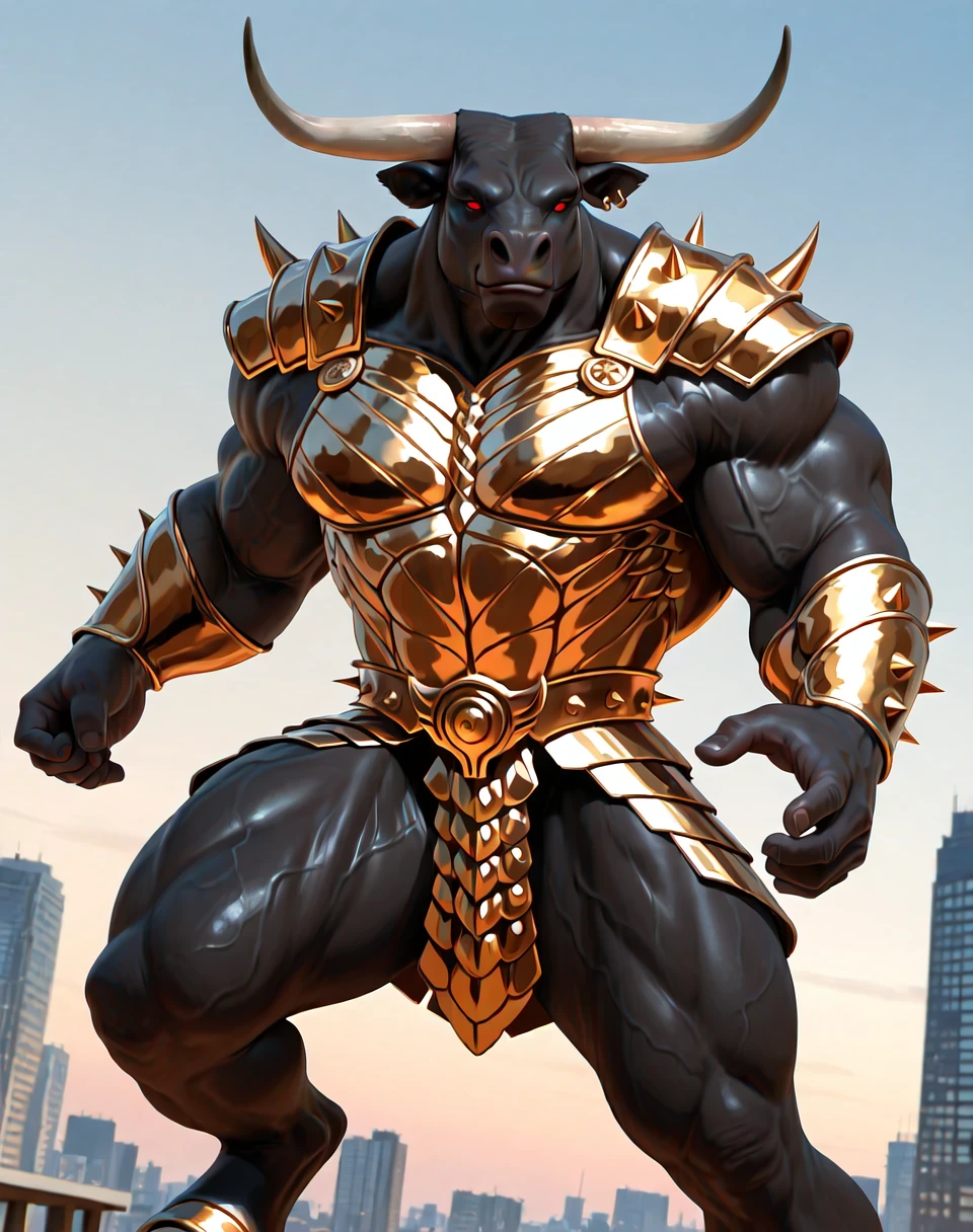BREAK: very awe, aesthetically pleasing, masterpiece, best quality, absurd details, in'ei, source_furry, furry_art, high contrast, natural shading, 
<lora:Minotaur_DCUO_(Marvel_Comics)_(Illustrious)_(AD):1> Minotaur DCUO, muscular, minotaur, 
exterior, simple anime background, city, Metropolis from DC Comics, battle scene, ground level, 
BREAK:
dutch angle, solo, ((dynamic action, dynamic expression, ):1.15), cowboy shot, bent leg,  ((    ):1.25),
((
overwhelmingly powerful, indomitable, no humans, male focus, intricately detailed armor, solid red eyes, smirk,  ((    )),
powerful sexy male physique, veiny muscles, large shoulders, large biceps, large thighs, manly, bara, 
)),
BREAK: lazypos (4),