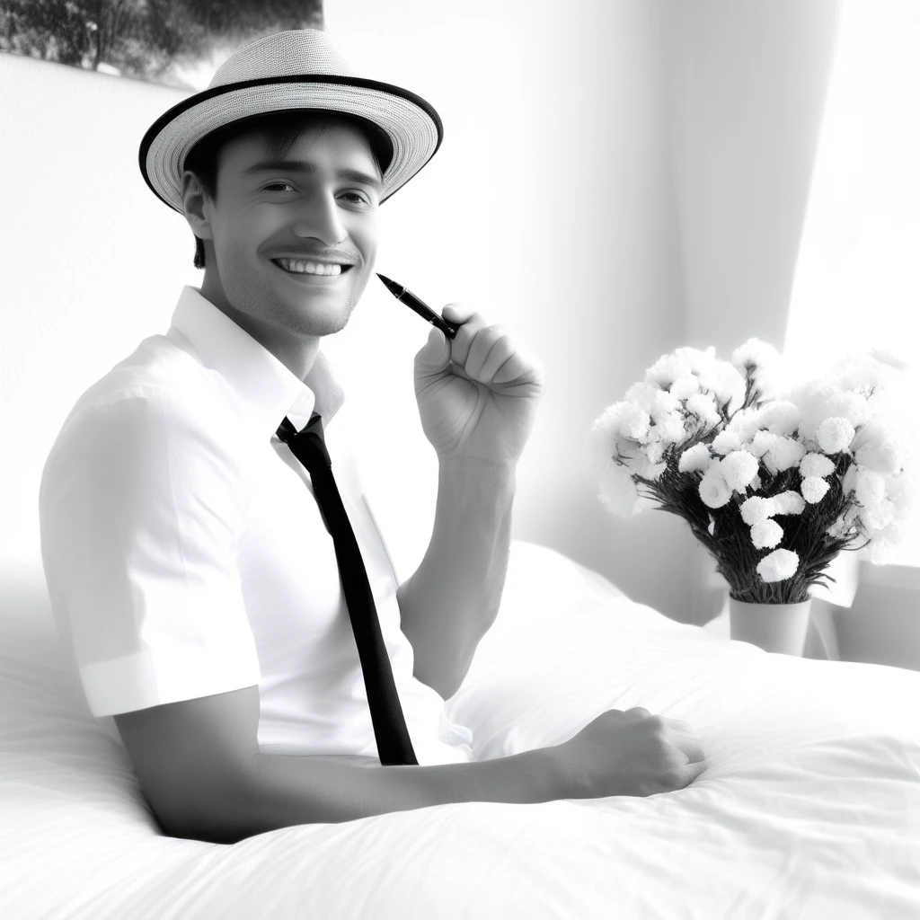 outdoors, watch, flower, white shirt, erection, smile, pen, bed, hat, monochrome