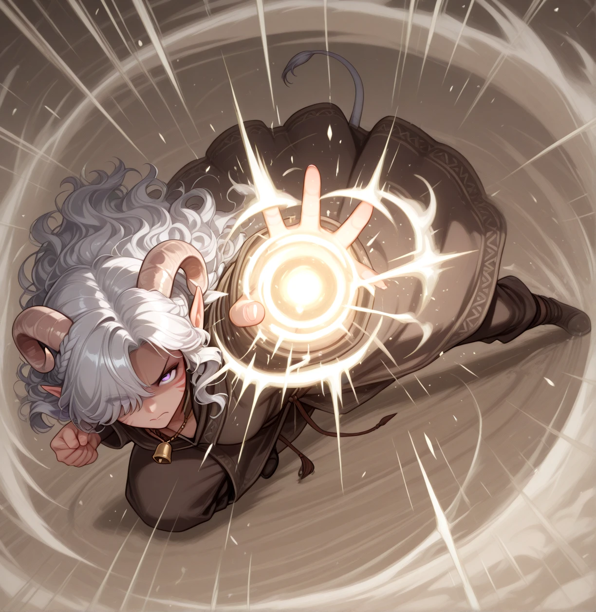 solo, dynamic pose, fighting stance, anime effect, shaded face:1.4, looking at viewer, detailed face, annoyed, punching, outstretched hand,
masterpiece, best quality, tiefling, pointy ears, tiefling, silver hair, ivory sheep horn,
<lora:Tiefling_bard_Diana_v2:0.8> red whisker_markings, silver long wavy hair, bell necklace, short pointy ears, purple eyes, tiefling_bard_diana:1.2, hair over one eye, braid, cow tail:1.4,
<lora:Shockwave:1> Shockwave in front, dust, impact, motion lines,