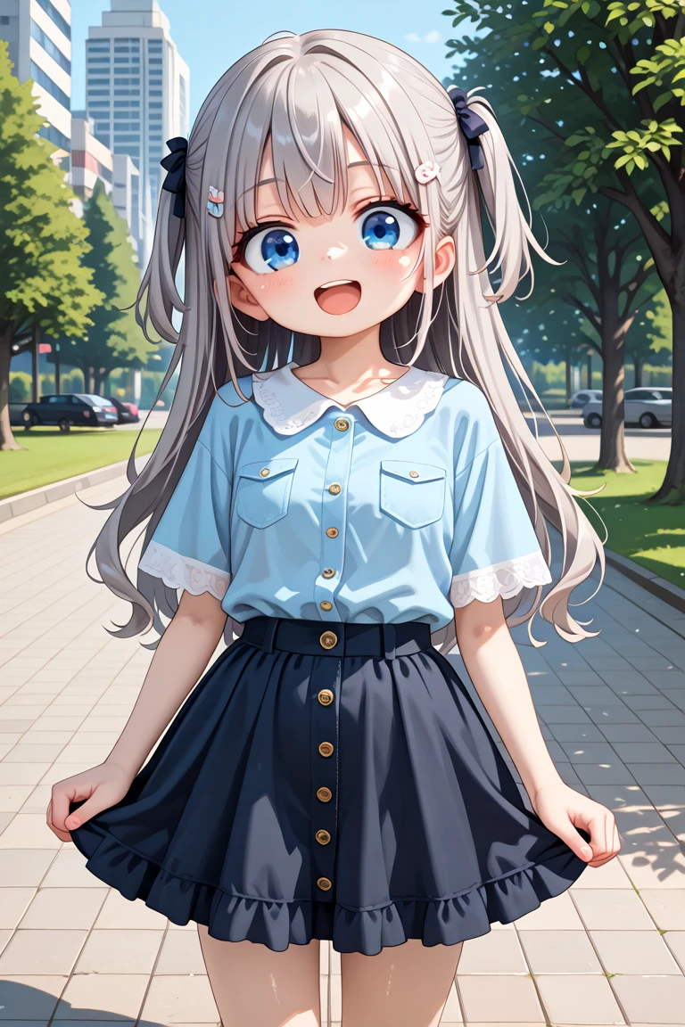 masterpiece, best quality, amazing quality, very aesthetic, absurdres,
cute round face, slender, detailed eyes, detailed hair, kawaii,
1girl, solo,
model pose,
best shadow, an extremely delicate and beautiful, gleaming skin, cowboy shot,
in a park, city, standing, smile,
wearing casual fashion, wearing harajuku fashion, wearing skirt,
extremely detailed eyes, open mouth, (grey hair, blue eyes:1.2)