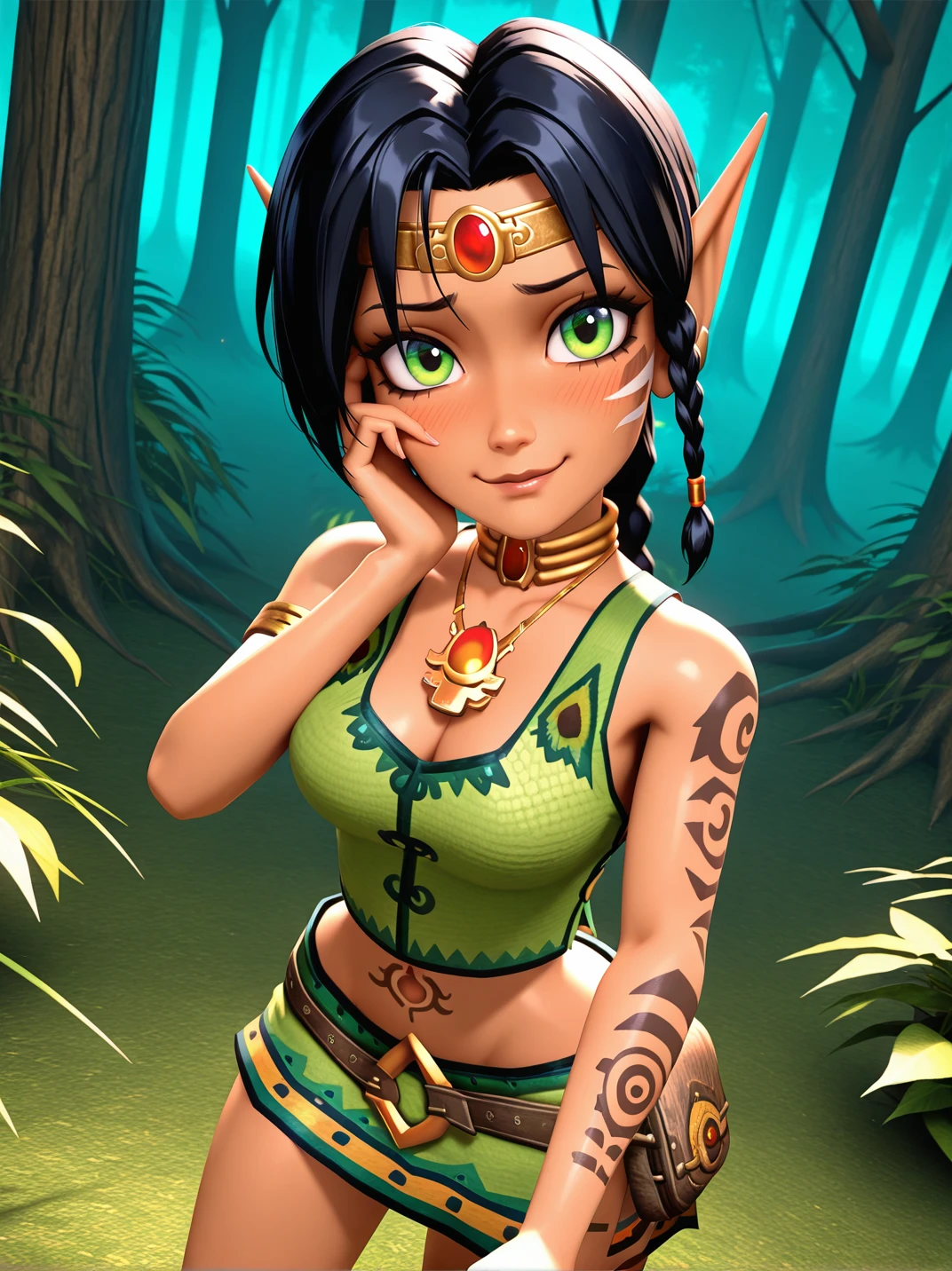 official style, screencap, 3d, high quality,
1girl, (KameoXL:1.1), black hair, braid, tattoo, green eyes, midriff, green shirt, navel, miniskirt, necklace, earrings, circlet, bare shoulders, pointy ears, elf, jewelry,
light smile, dutch angle, naughty pose, looking at viewer, solo, dynamic pose, cowboy shot, head tilt, from above, head focus, hand on own cheek, nervous smile, blush, outdoors, forest,
 <lora:AKameoXL_character:1>,,
