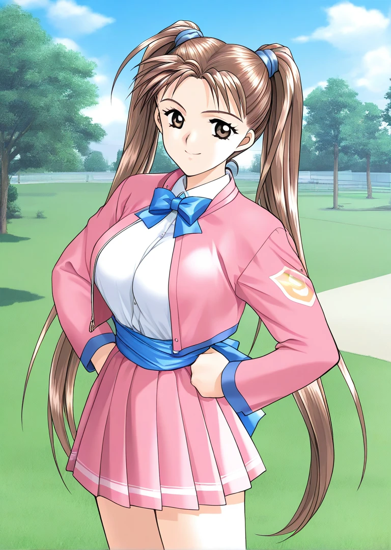 masterpiece, best quality, good quality, <lora:Kanou_Ryouko_kakyuusei_Ver2.0_IS:1>
Kanou_Ryouko(kakyuusei), 1girl, solo, very long hair, twintails, brown hair, brown eyes, large breasts,
pink jacket, pleated skirt, blue bowtie, open jacket, blue sash, pink skirt, blue line,
standing girl, smile, hands on own hip, day, grass, sky, tree,