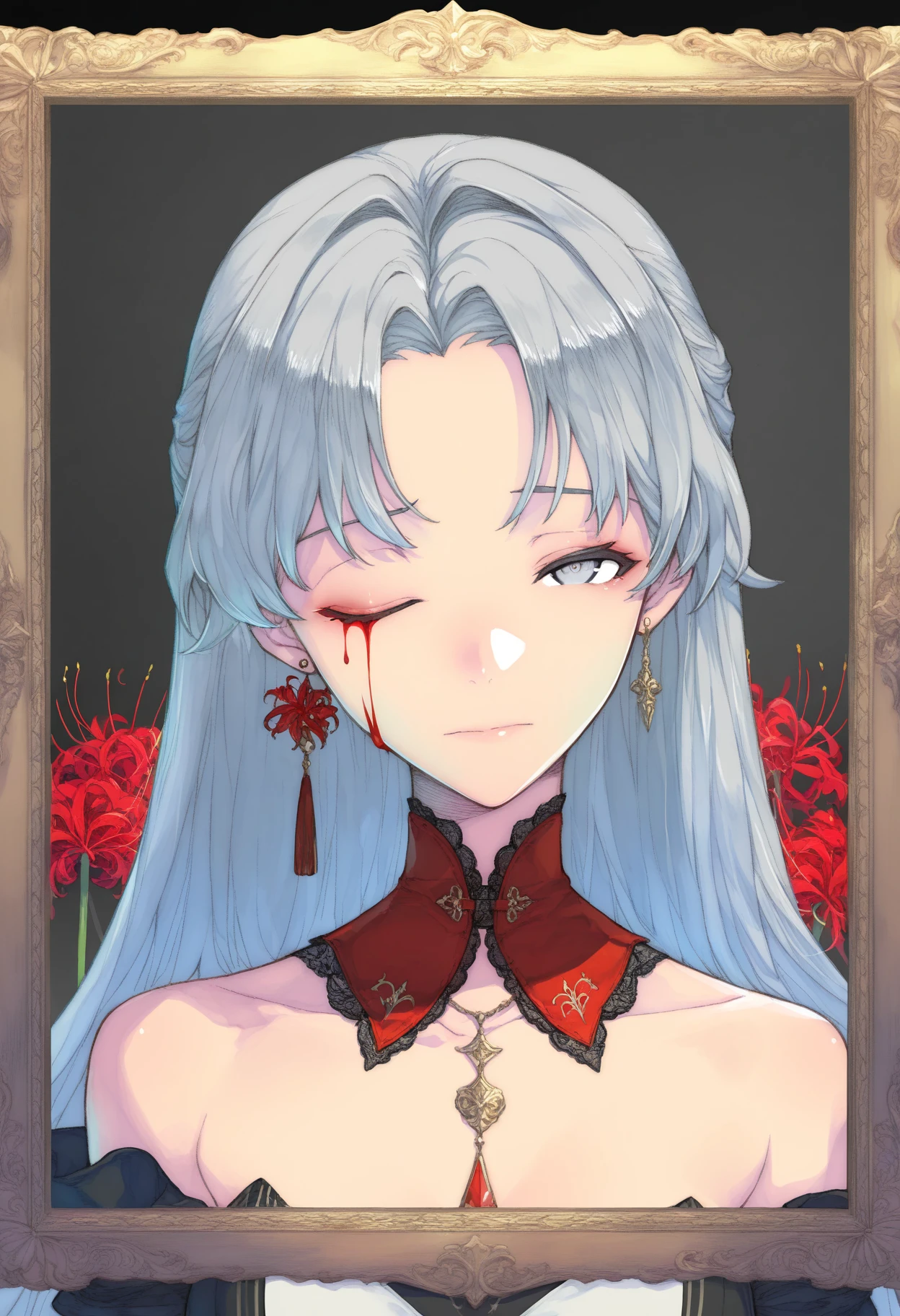 1girl, shoulders, blood, blood from closed eye, closed mouth, intricate collar, earrings, flower, grey eyes, grey hair, hair intakes, half-closed eye, jewelry, long hair, looking at viewer, one eye closed, picture frame, portrait, red collar, single earring, solo, spider lily,
exosheroes,<lora:exosheroes:1>, masterpiece, best quality, highres, absurdres