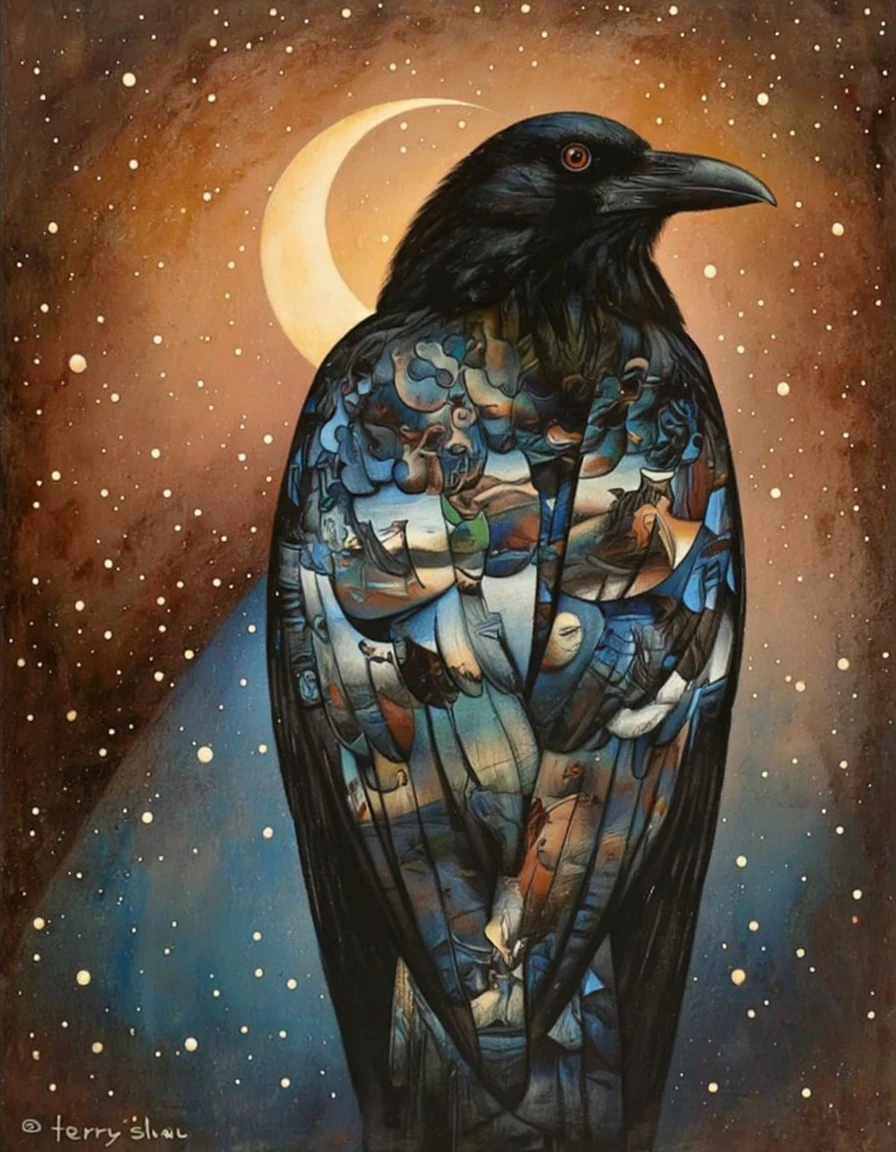 AndProso style. A surreal illustration of a raven standing alone in the middle of the image, surrounded by a vast expanse of stars and a glowing crescent moon. the raven is depicted in a contemplative pose, with its wings spread wide and its beak slightly open, as if it is about to take flight. its black feathers are intricately detailed with various images of animals, birds, and landscapes, creating a surreal and dreamlike atmosphere. the background is a textured, earthy brown and blue gradient, giving the image a sense of depth and mystery. the crow itself is the main focus of the painting, standing tall and proud in the center of the frame, its silhouette illuminated by the soft, warm light of the full moon in the background. its eyes are focused intently on something in the distance, and its expression is serene and contemplative. the artist's signature, "terry sloan," is visible in the bottom left corner, adding a personal touch to the artwork.