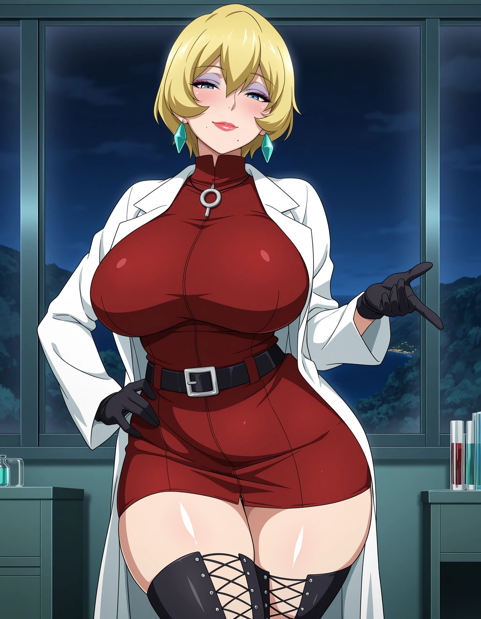masterpiece, good quality, best quality, absurdres, highres, very awa, shiny skin, shadow, anime coloring, 5 fingers,
Ichijou Shizuka, standing, hand on own hip, cowboy shot, beckoning,
1girl, mature female,
looking at viewer, blush, light smile, naughty face,
blonde hair, short hair, blue eyes, makeup, eyeshadow, lipstick, lips, mole under mouth, earrings,
lab coat, open coat, red dress, short dress, black gloves, black thighhighs, cross-laced legwear, turtleneck, belt,
curvy, huge breasts, thick thighs,
indoors, lab, room, window, night, island, nature,
<lora:ichijou shizuka NoobAIXL Epsilon IL_1:1>