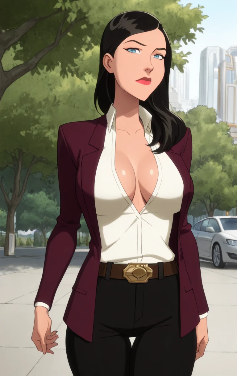 "0" :"masterpiece, best quality, highres,1girl, long hair, looking at viewer, blue eyes, shirt, black hair, long sleeves, open clothes, belt, open shirt, red lips, belt buckle,suit, black pants,l01sl4n3,(( shinny skin, outdoor, large breast, cowboy shot))",