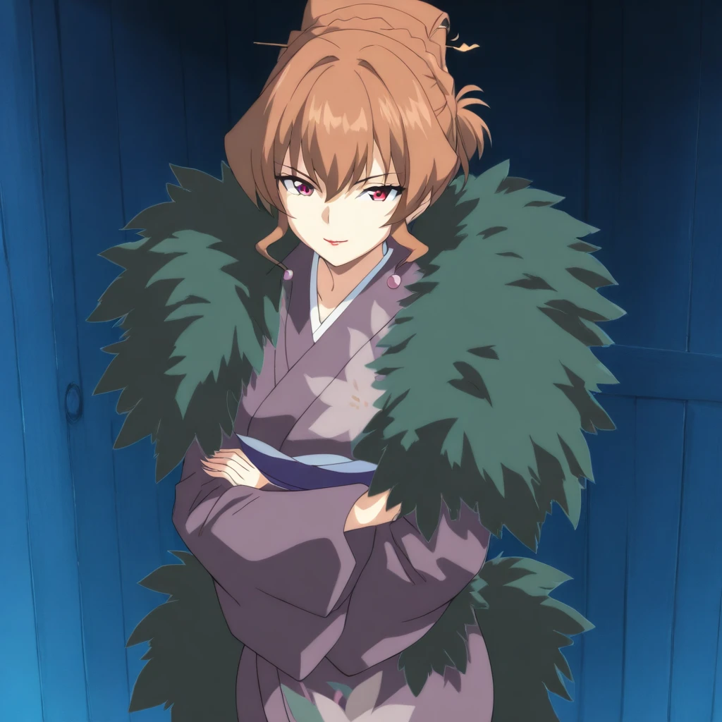 masterpiece,high score,great score,absurdres,anime coloring,looking at viewer,solo,cowboy shot,<lora:RanIchihashi ag4o:1> ranichihashi, brown hair, hair bun, red eyes, lipstick,kimono,