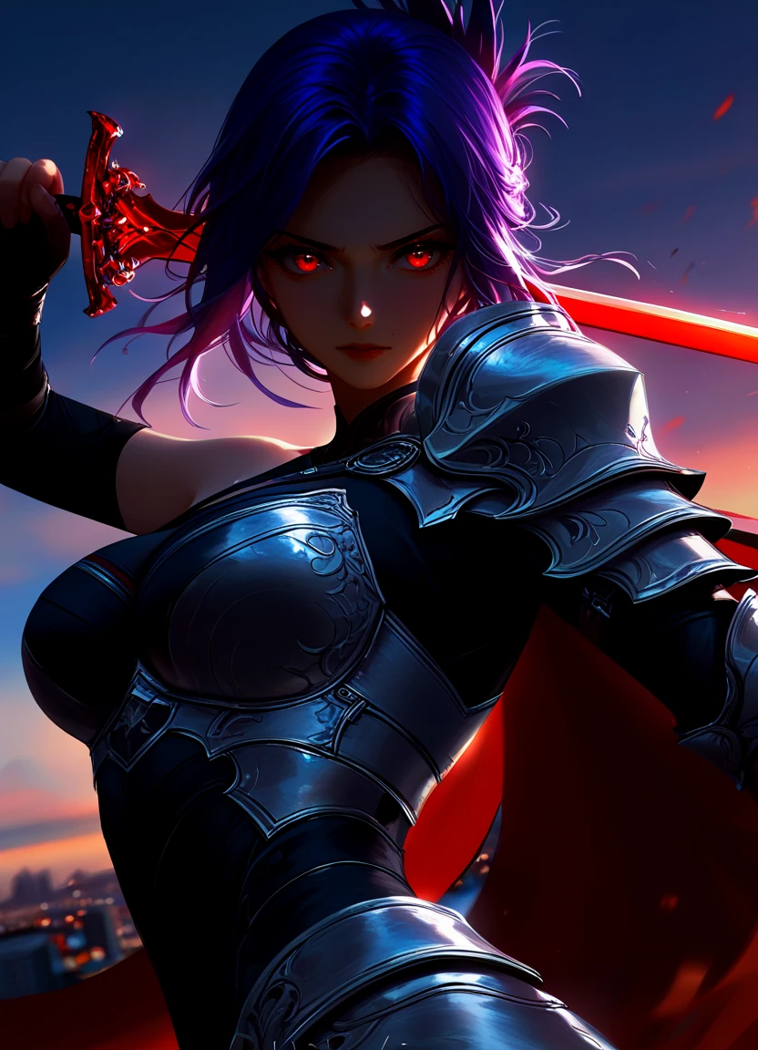 delicate colors, partially illuminated,
close-up shot, view from aside,
solo, holding sword, dynamic fighting pose,
1girl,
sabia, human, purple hair, red eyes, folded ponytail,
armor, single shoulder armor, cape, single bare shoulder, clothed,
large breasts,
looking at viewer, closed mouth,
,masterwork, masterpiece, best quality, detailed, depth of field, high detail, best quality, very aesthetic, 8k, dynamic pose, depth of field, dynamic angle, adult, aged up,impressionism style,(Cinematic:1.5),,dynamic pose,dynamic angle,ILXLpos,