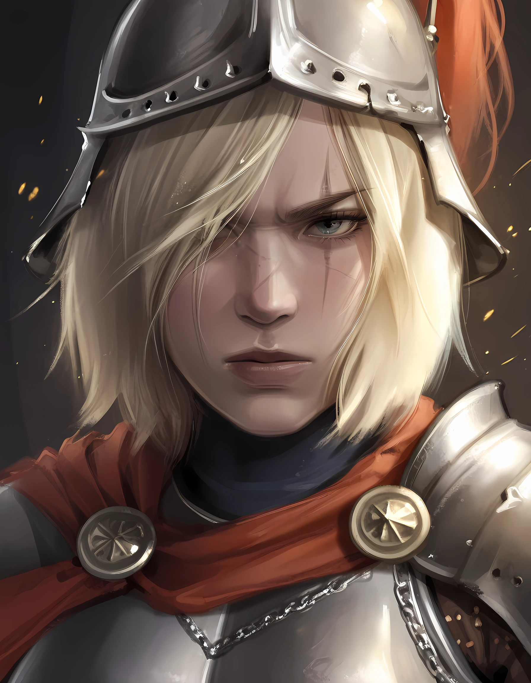 <lora:Utility_-_Detail_Enhancer_by_BSS_v2:0.75>, <lora:Utility_-_Visual_Enhancer_by_BSS:0.75>, 1girl, medieval background, scar on face, damaged helmet, eyebags, dark fantasy, female warrior, dark fantasy, intense gaze, wearing a helmet with a plume, detailed armor with intricate designs, scarf flowing around her neck, dramatic lighting, dark and moody background with sparks, serious expression, high contrast, dynamic composition, close-up, medieval armor, epic vibe, dark and gritty atmosphere, strong and determined, mythical , (masterpiece, best quality, ultra-detailed, absurdres, newest, detailed textures, correct anatomy:1), <lora:Like_Draws.Seal_Style:1>, tr1g3r_w0rd, (oil painting, paintly, realistic, sketch, unfinished, brushstrokes:1.3), <lora:PowergirlInjustice2_illustrious_v1:0.7>, PowerGirlInjustice2, blue eyes, blonde hair, short hair, hair over one eye, large breasts