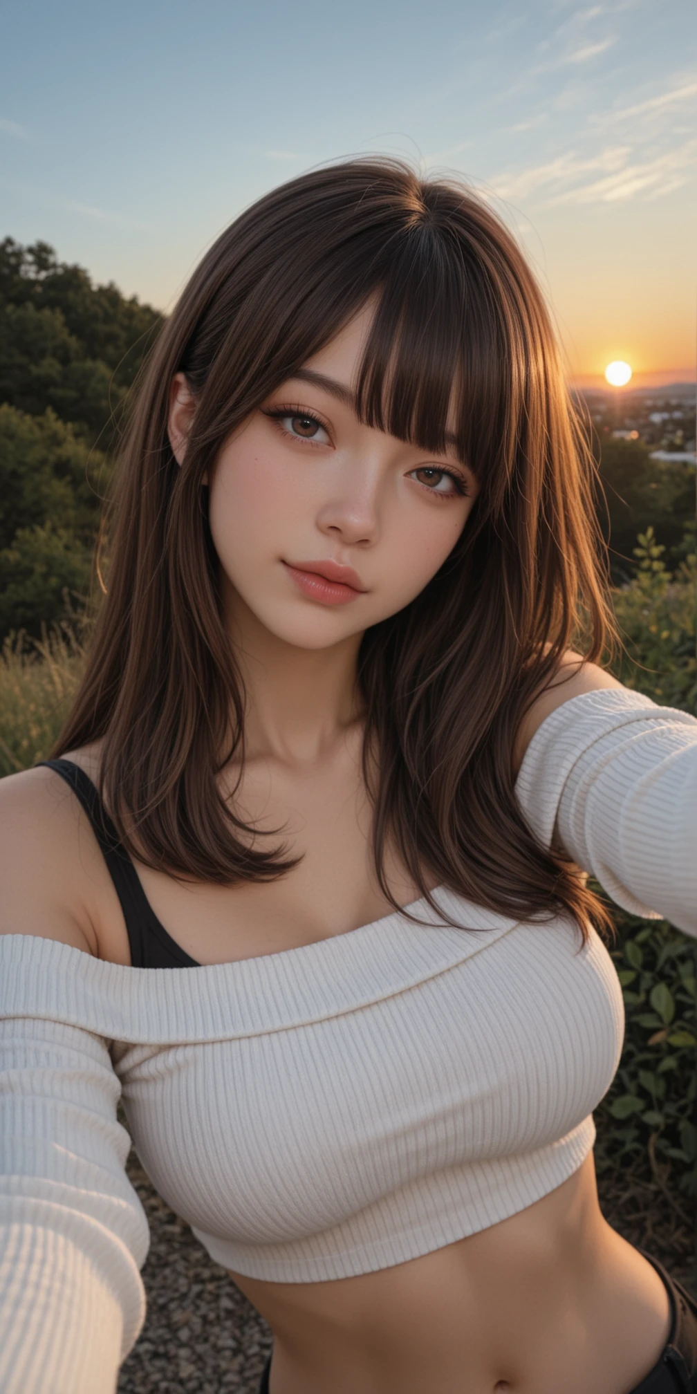 masterpiece, best quality, amazing quality, 4k, very aesthetic, high resolution, ultra-detailed, absurdres, scenery, realistic, photo, 1girl, solo, innocent and alluring, cute, beautiful, emaciated, selene, generous, long hair, brown hair, brown eyes, aegyo sal, alternative vibe, uneven eyes, light smile, puckered lips, closed mouth, large breasts, loose oversized off-shoulder crop top ribbed white sweater sleeves past wrists, navel, looking at viewer, (head tilt:1.2), selfie, (outstreched arm, portrait, upper body:1.2), from above, dutch angle, sunset, outdoor, BREAK, detailed eyes, detailed skin, depth of field, photorealistic details