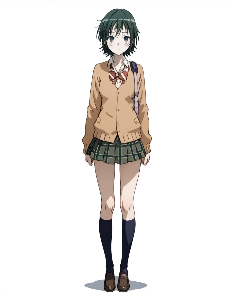 masterpiece, best quality, absurdres, <lora:fukasaku_aoi_IL:1>, aoi_(coppelion), 1girl, solo, single, only_one, short hair, green hair, school uniform, cardigan, plaid skirt, green skirt, pleated skirt, kneehighs, loafers, on a plain white background, studio background, simple_background, eye-level shot, straight-on front view, full body, standing, looking_at_viewer, centered composition, symmetry,
