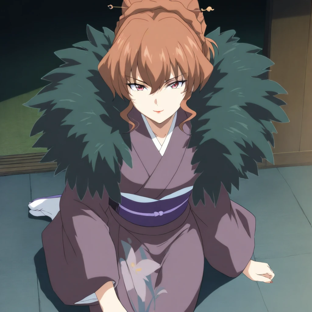 masterpiece,high score,great score,absurdres,anime coloring,looking at viewer,solo,<lora:RanIchihashi ag4o:1> ranichihashi, brown hair, hair bun, red eyes, lipstick,kimono,tabi,